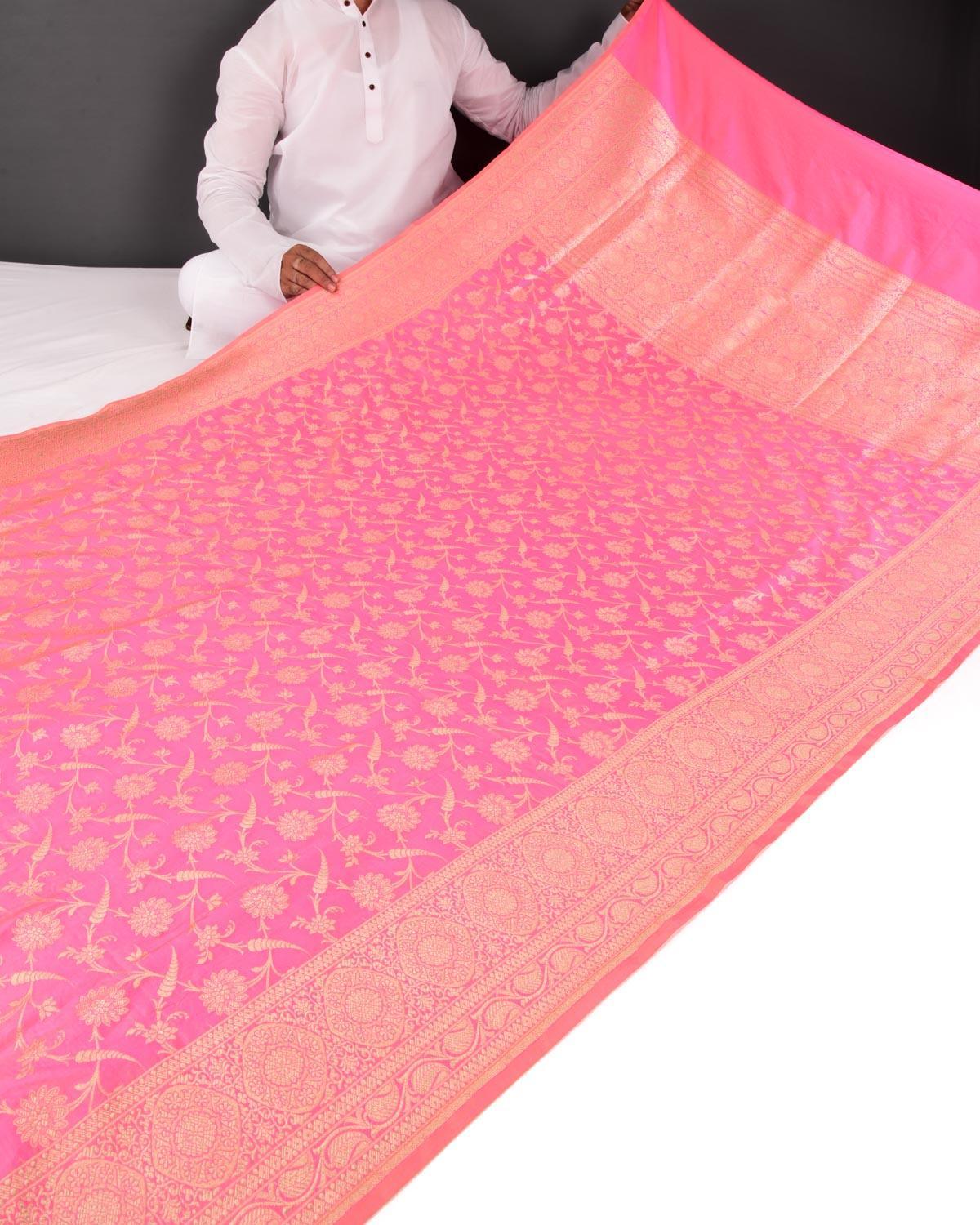 Shot Pink Banarasi Floral Jaal Gold Zari Cutwork Brocade Handwoven Katan Silk Saree - By HolyWeaves, Benares