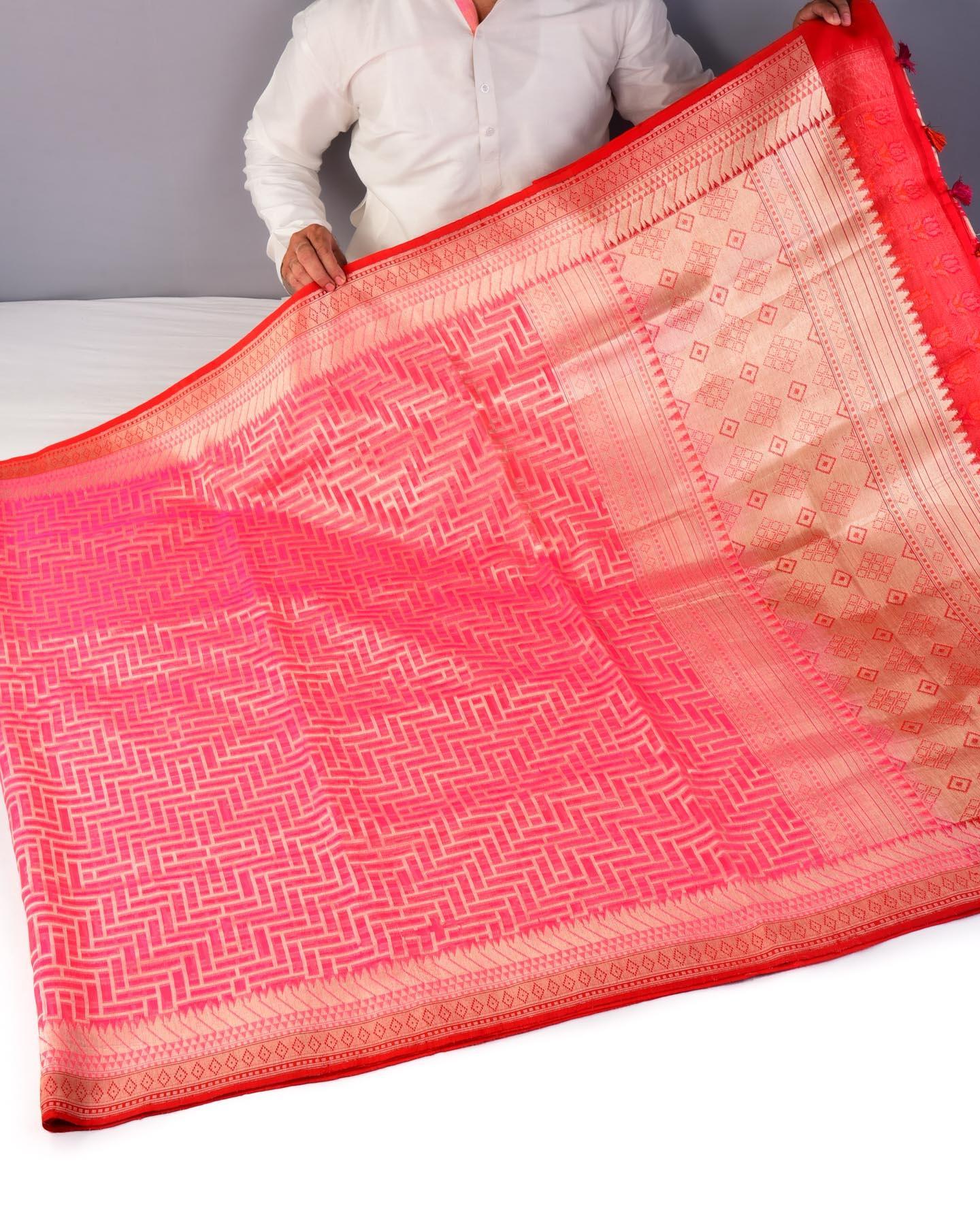Shot Pink Banarasi Geometric Grids Cutwork Brocade Handwoven Kora Silk Saree with Brocade Blouse Piece - By HolyWeaves, Benares