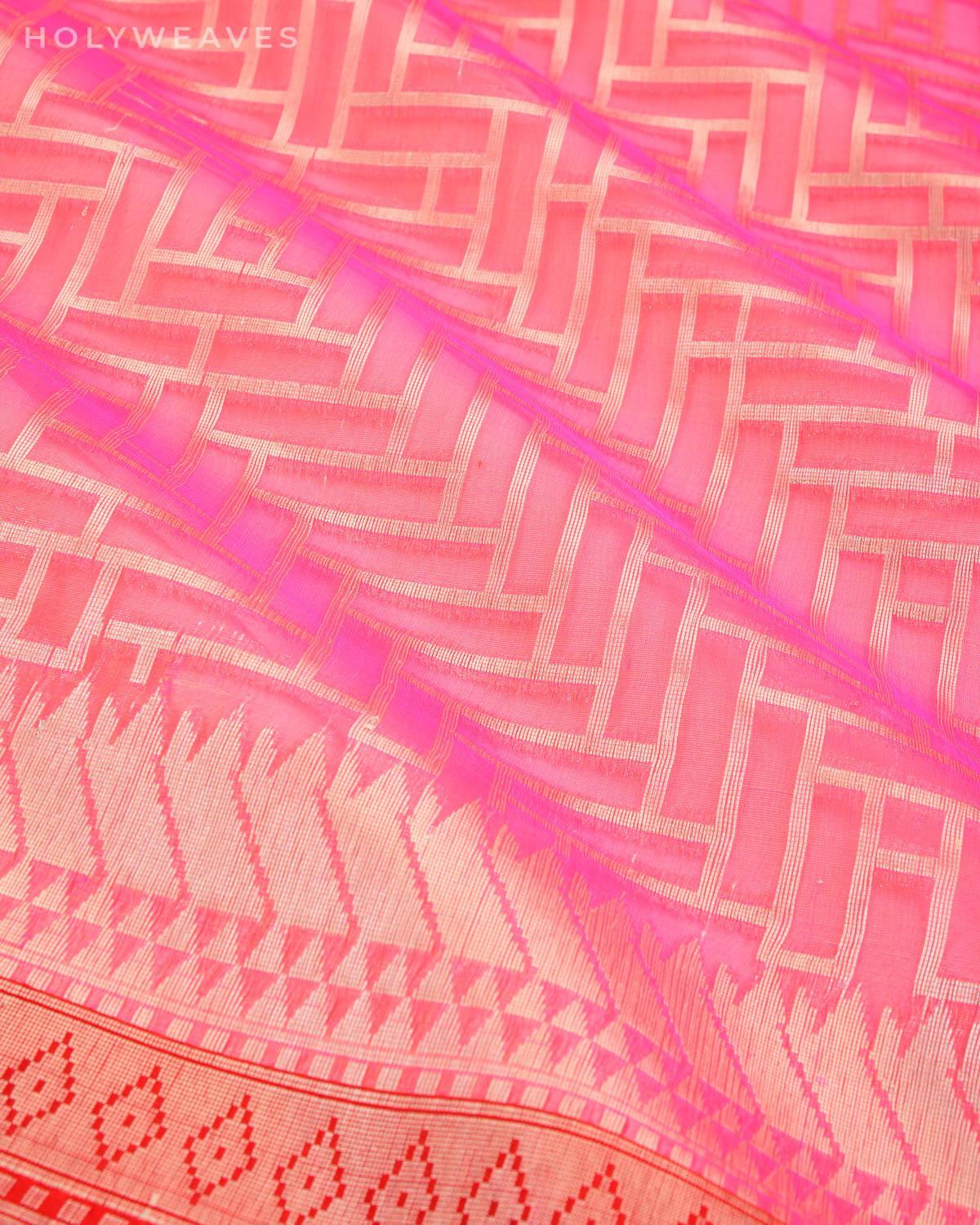 Shot Pink Banarasi Geometric Grids Cutwork Brocade Handwoven Kora Silk Saree with Brocade Blouse Piece - By HolyWeaves, Benares