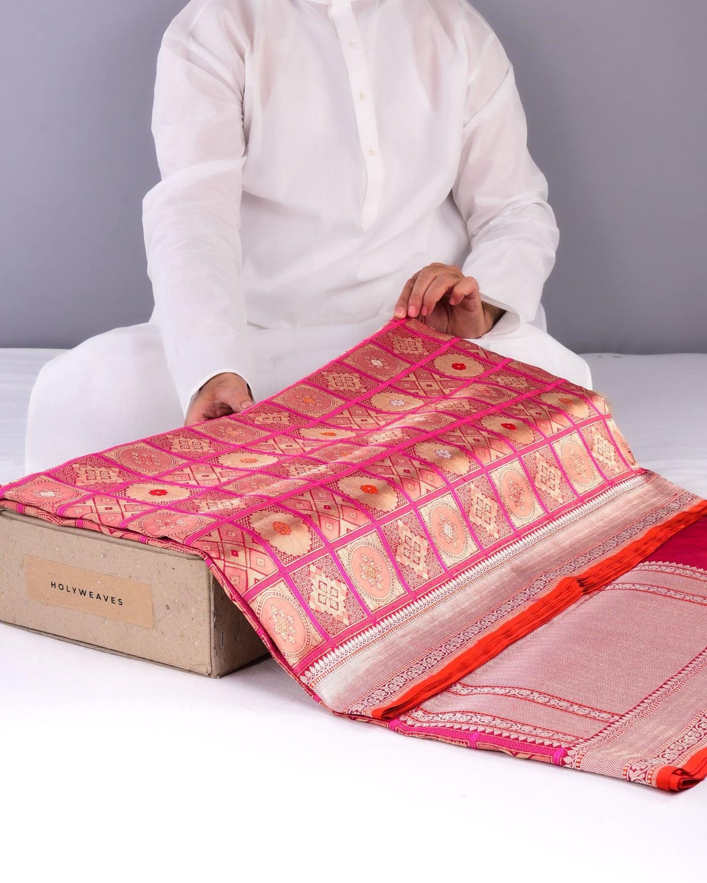 Shot Pink Banarasi Gharchola Kadhuan Brocade Handwoven Katan Silk Saree - By HolyWeaves, Benares