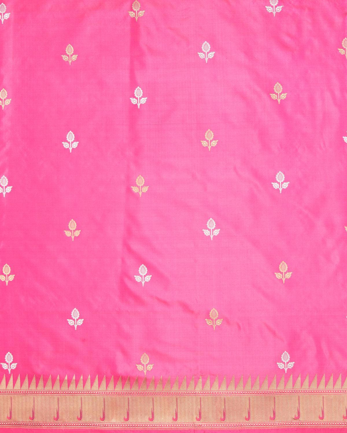 Shot Pink Banarasi Kali Buti Kadhuan Brocade Handwoven Katan Silk Saree with Chhadi Brocade Border Pallu - By HolyWeaves, Benares