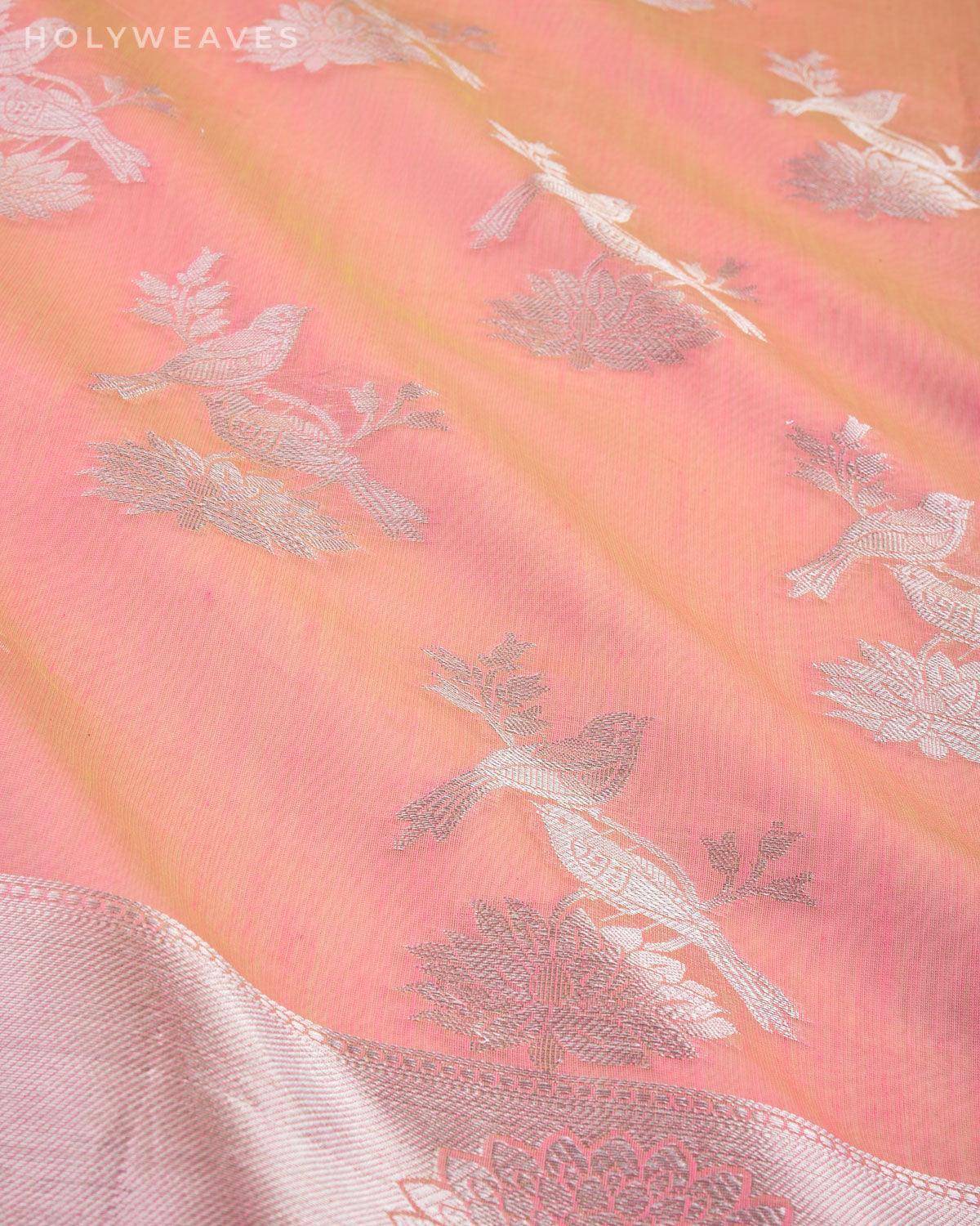 Shot Pink Banarasi Silver Zari Lovebirds Cutwork Brocade Woven Art Cotton Silk Saree - By HolyWeaves, Benares