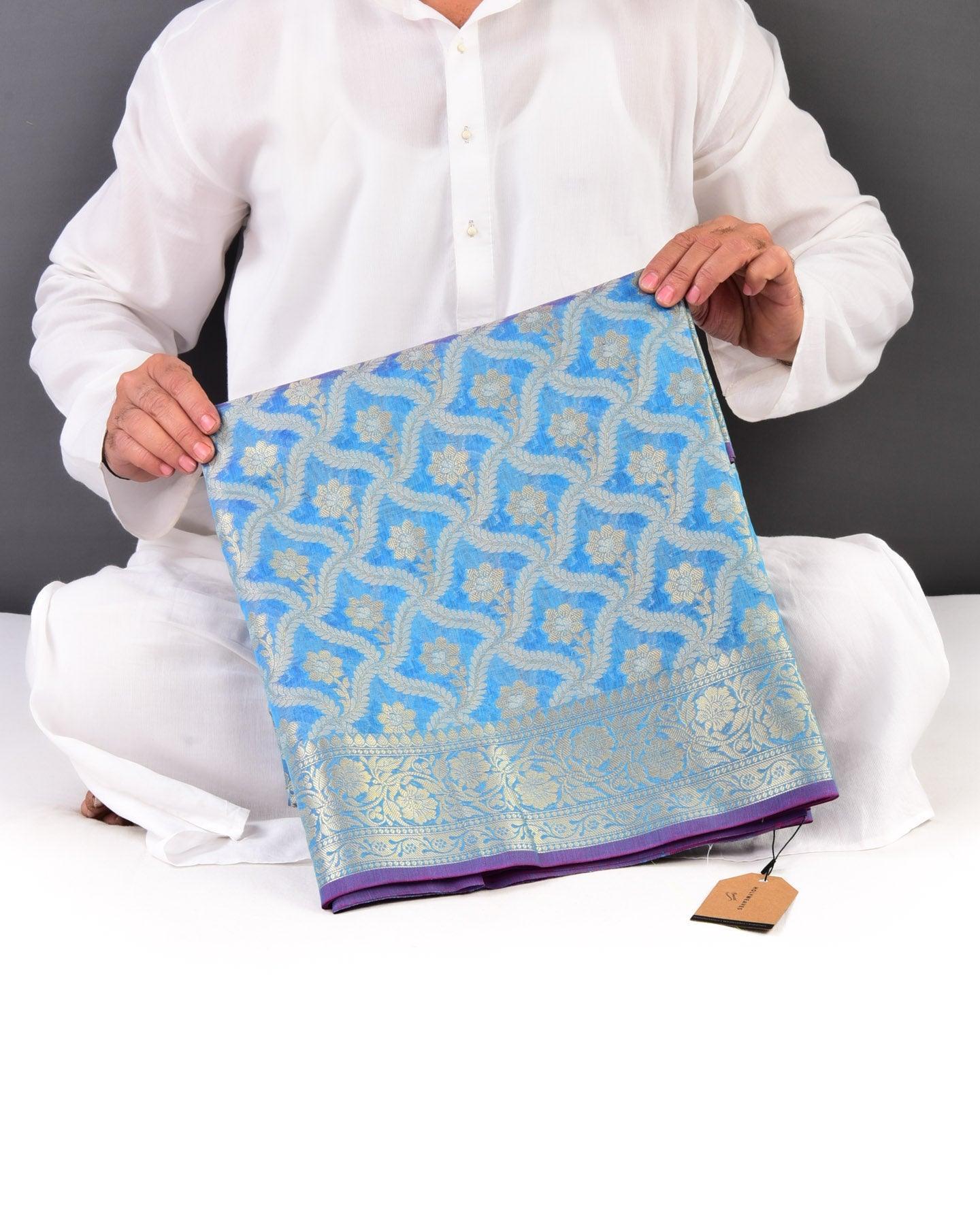 Shot Pink Blue Banarasi Zari and Resham Jaal Cutwork Brocade Woven Cotton Silk Saree - By HolyWeaves, Benares