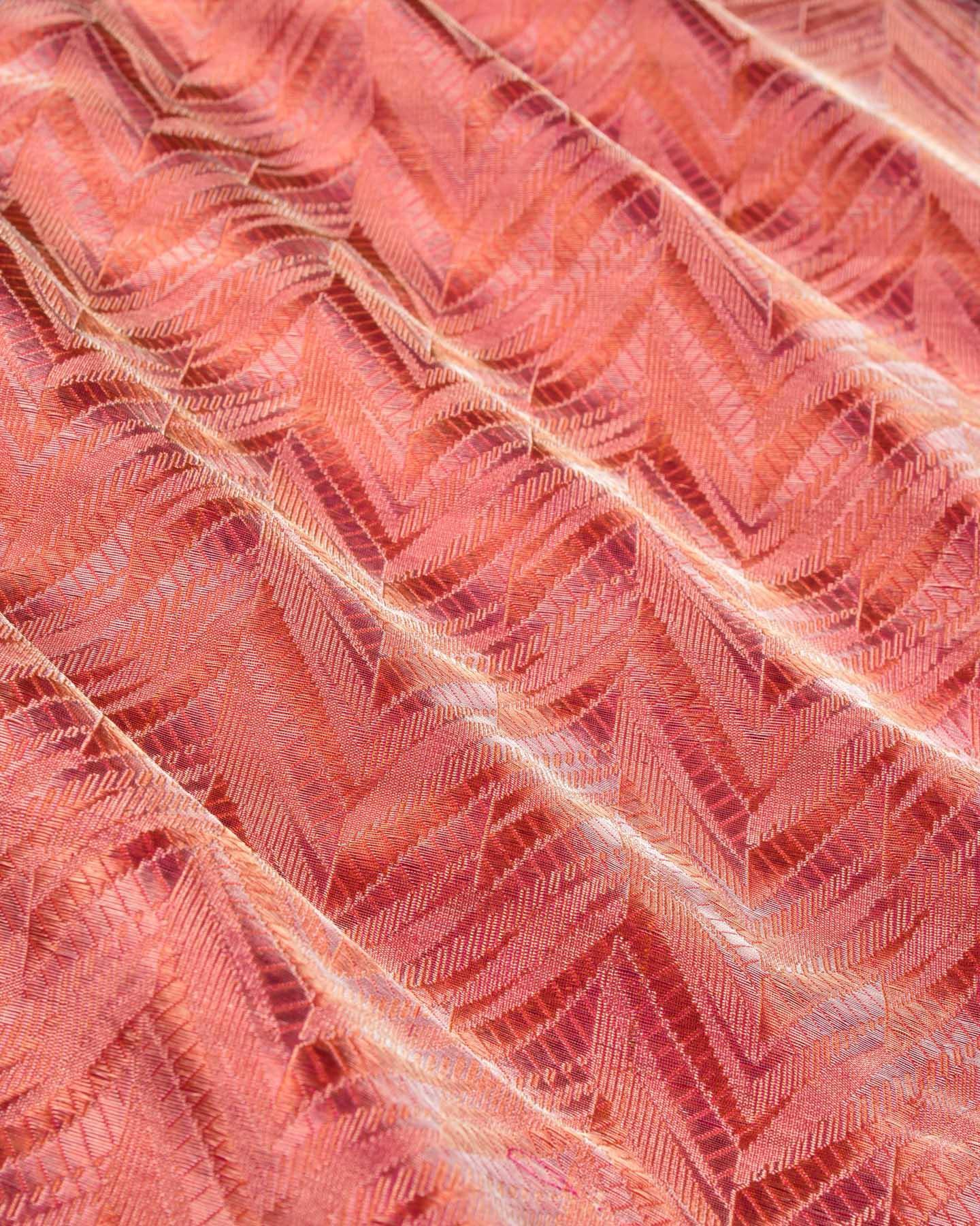 Shot Pink-Orange Banarasi Arrowhead Chevron Alfi Sona Rupa Brocade Handwoven Katan Silk Fabric - By HolyWeaves, Benares