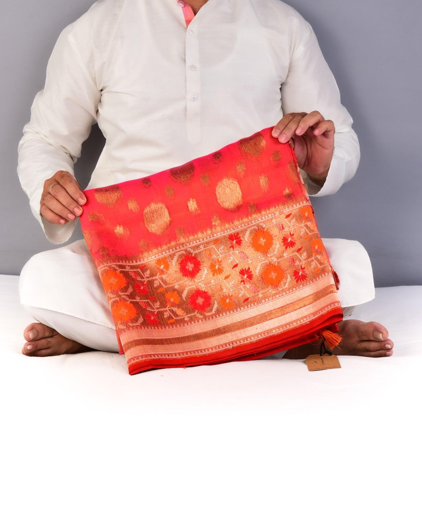 Shot Pink-Orange Banarasi Cutwork Brocade Handwoven Kora Silk Saree with Paithani Border Pallu - By HolyWeaves, Benares