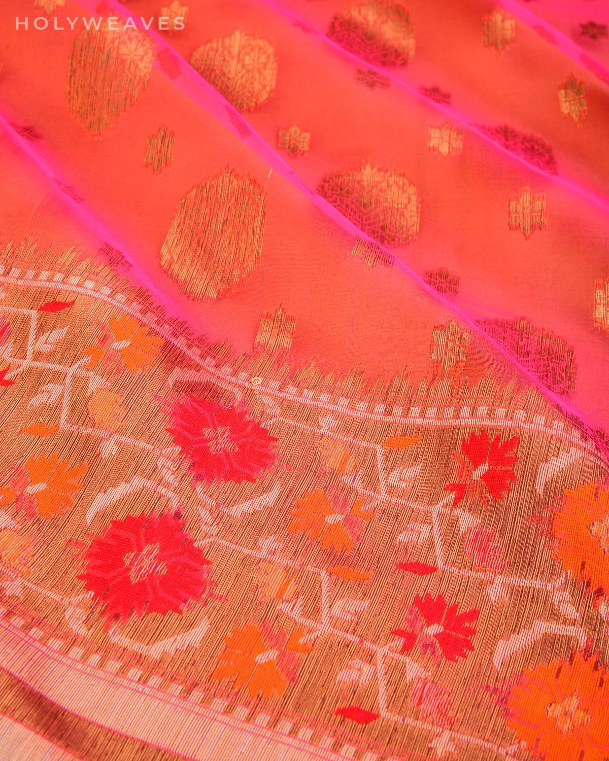 Shot Pink-Orange Banarasi Cutwork Brocade Handwoven Kora Silk Saree with Paithani Border Pallu - By HolyWeaves, Benares