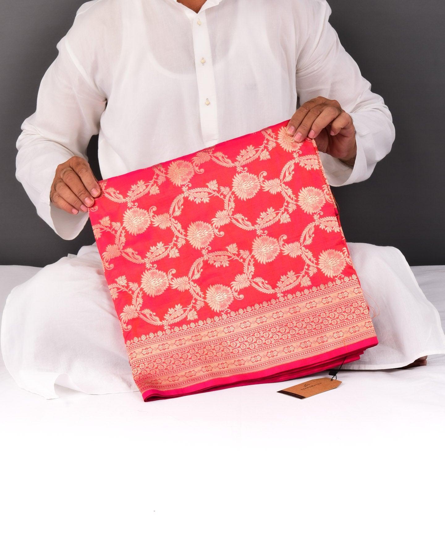Shot Pink-Orange Banarasi Gold Zari Jaal Cutwork Brocade Handwoven Katan Silk Saree - By HolyWeaves, Benares
