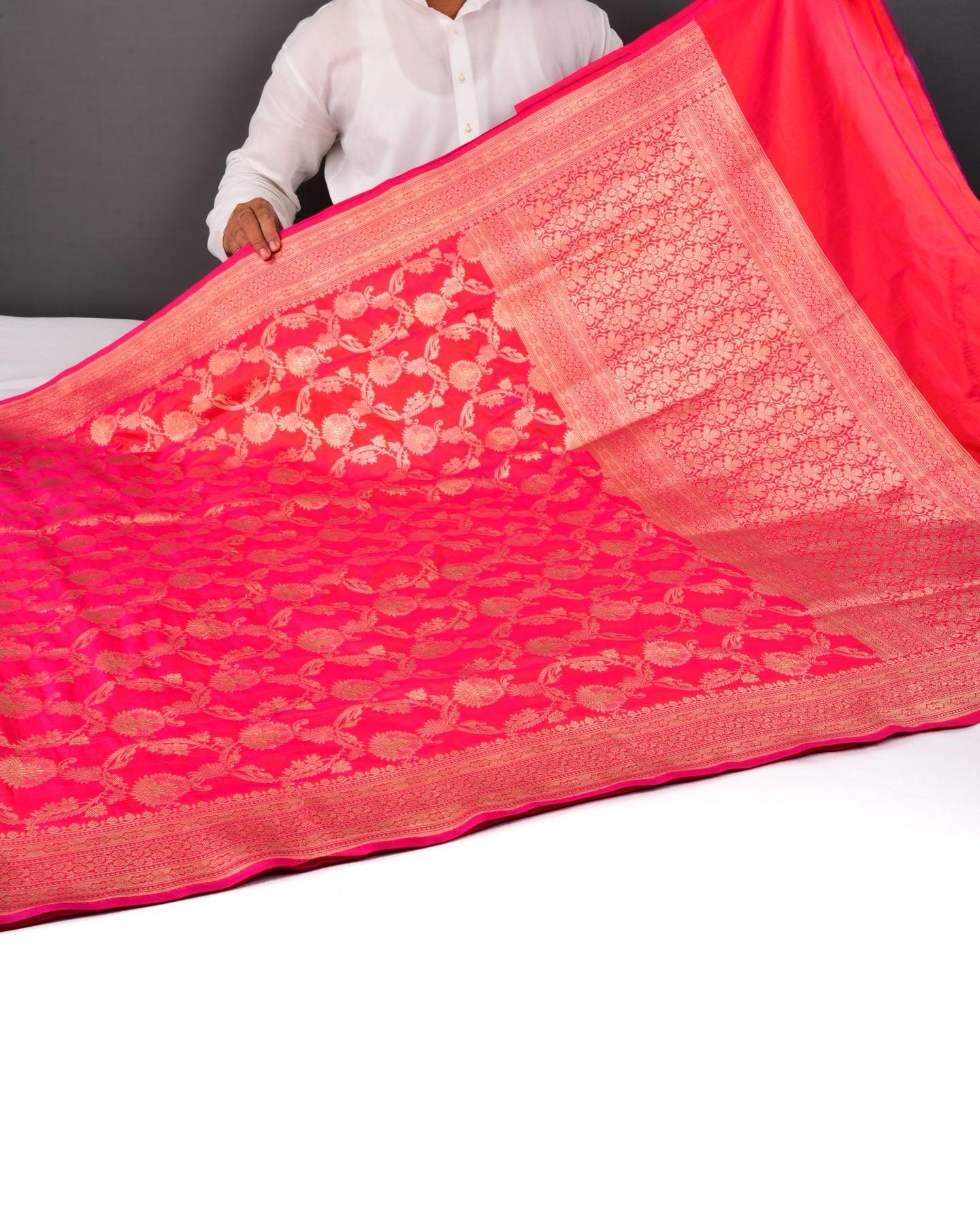 Shot Pink-Orange Banarasi Gold Zari Jaal Cutwork Brocade Handwoven Katan Silk Saree - By HolyWeaves, Benares