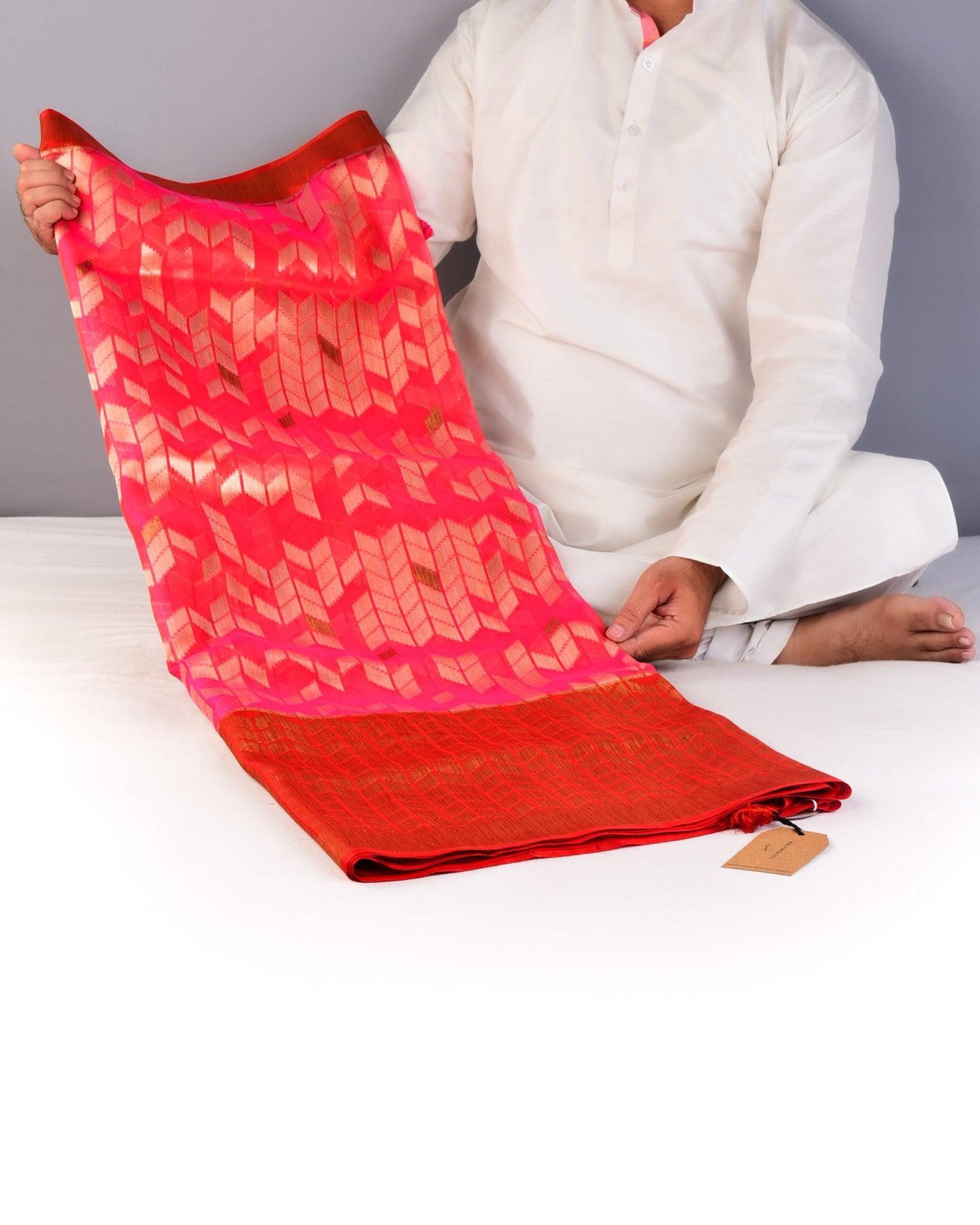 Shot Pink-Orange Banarasi Herring Bone Silver Antique Cutwork Brocade Handwoven Kora Silk Saree - By HolyWeaves, Benares