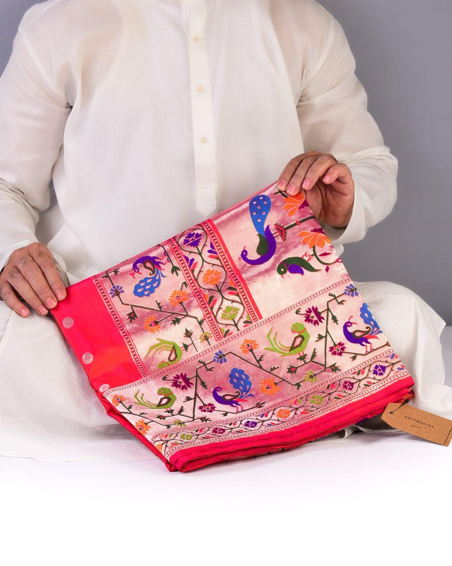 Shot Pink-Orange Banarasi Paudi Chauhari Paithani Handwoven Katan Silk Saree - By HolyWeaves, Benares