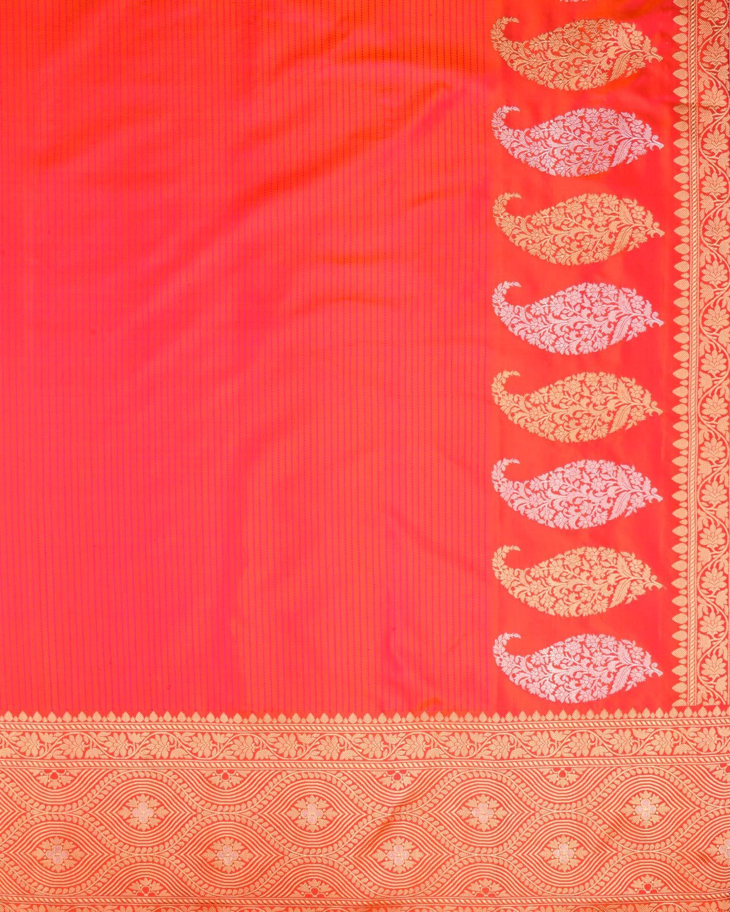Shot Pink-Orange Banarasi Resham Pinstripe Kadhuan Brocade Handwoven Katan Silk Saree - By HolyWeaves, Benares
