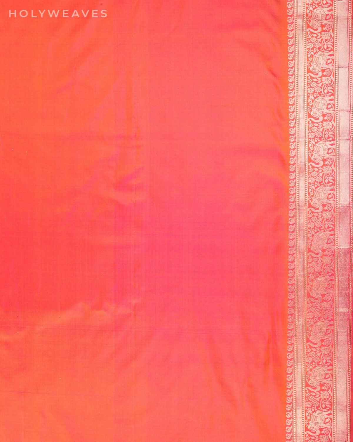 Shot Pink-Orange Banarasi Shikargah Cutwork Brocade Handwoven Katan Silk Saree with Elephant Trail Border - By HolyWeaves, Benares
