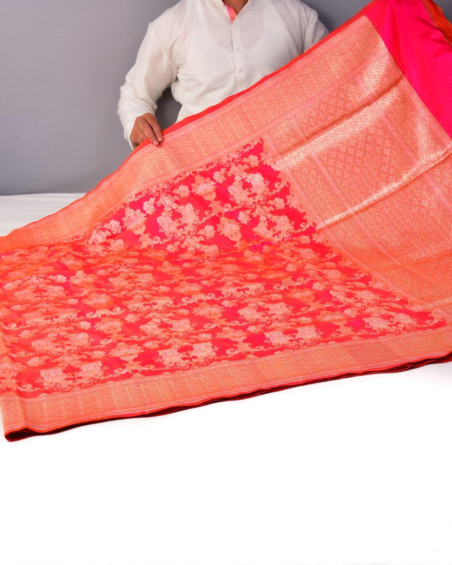 Shot Pink Peach Banarasi Alfi Sona Rupa Cutwork Brocade Handwoven Katan Silk Saree - By HolyWeaves, Benares