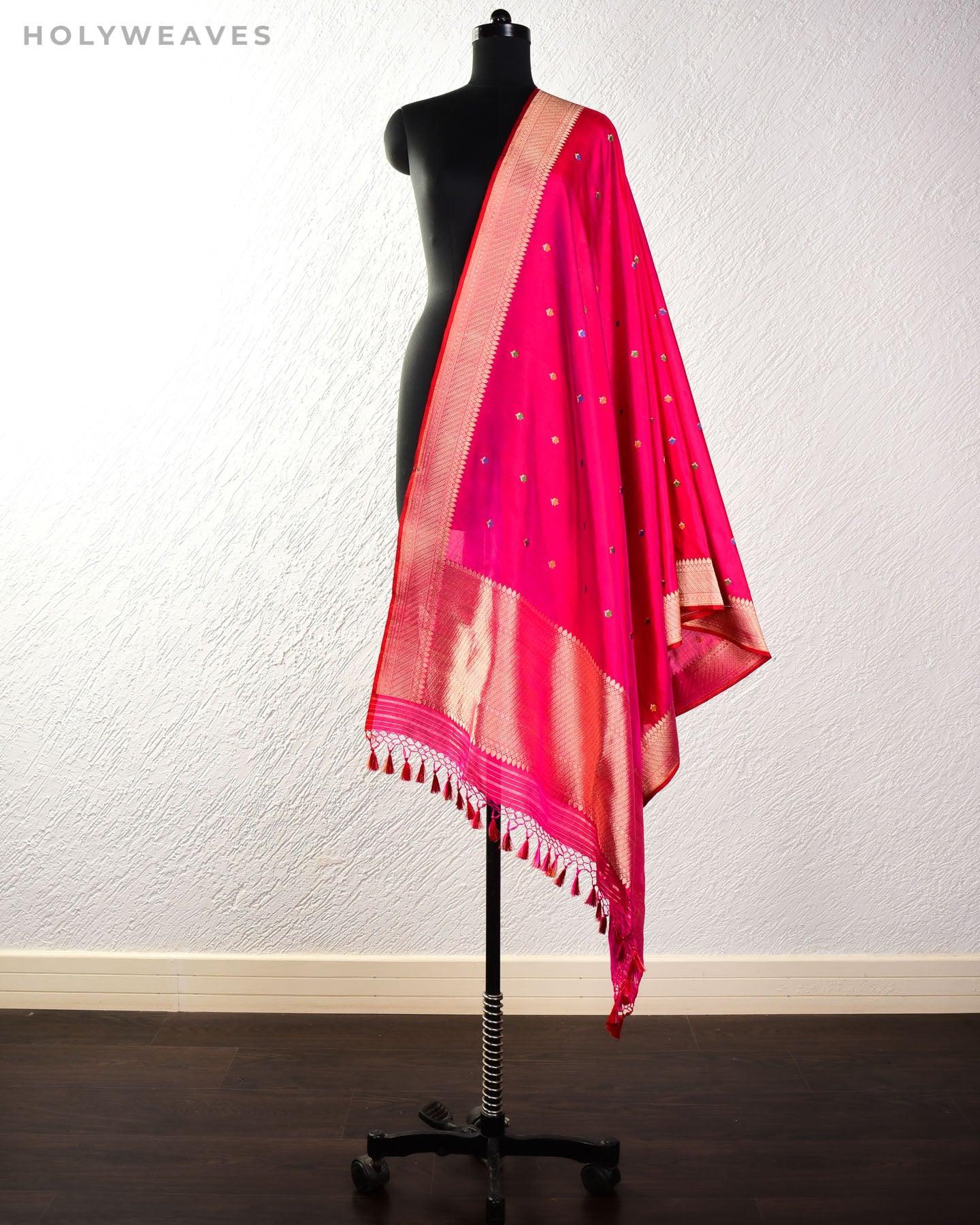 Shot Pink Red Banarasi Alfi Chidi Buti Kadhuan Brocade Handwoven Katan Silk Dupatta - By HolyWeaves, Benares