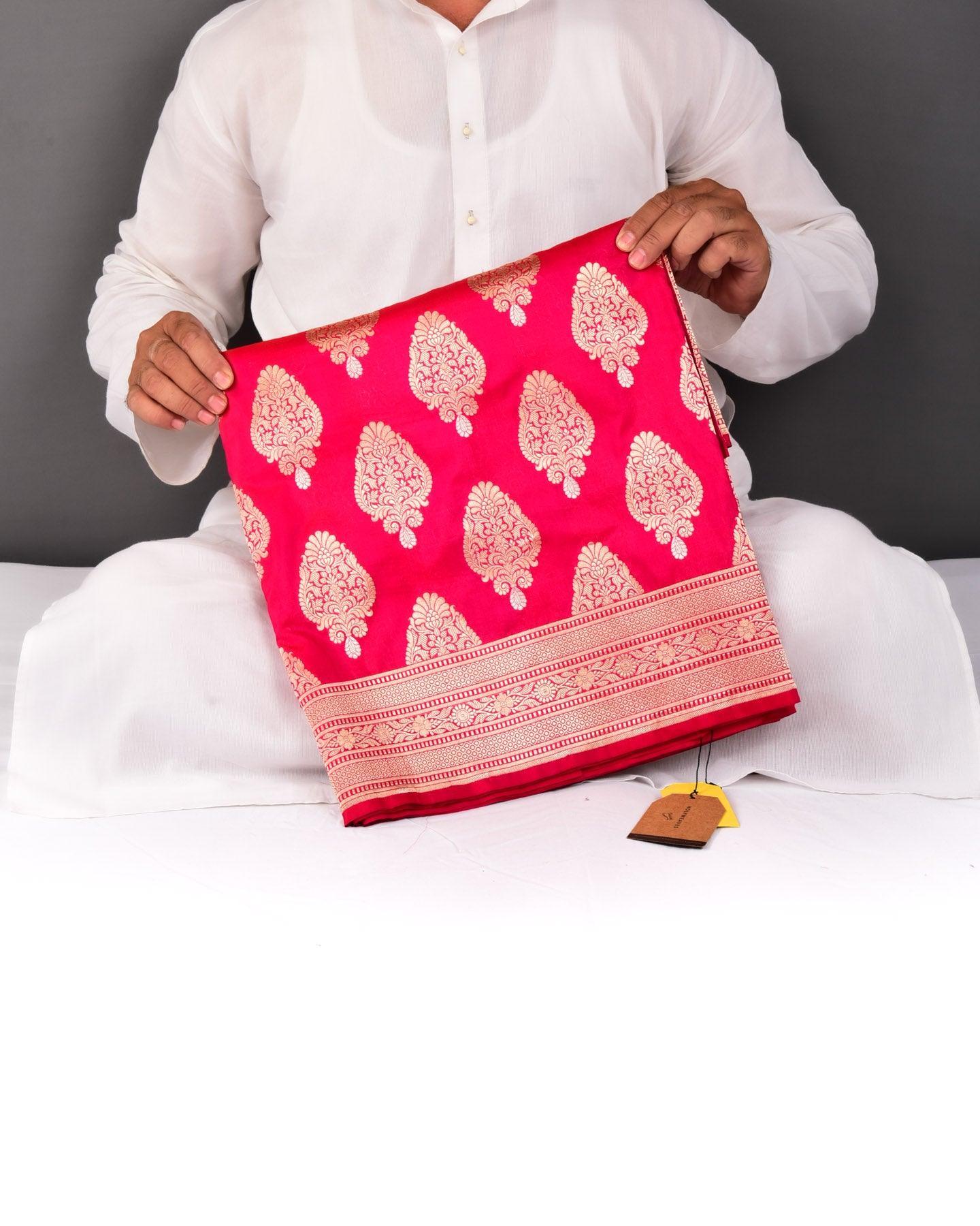 Shot Pink-Red Banarasi Alfi Sona Rupa Buta Cutwork Brocade Handwoven Katan Silk Saree - By HolyWeaves, Benares