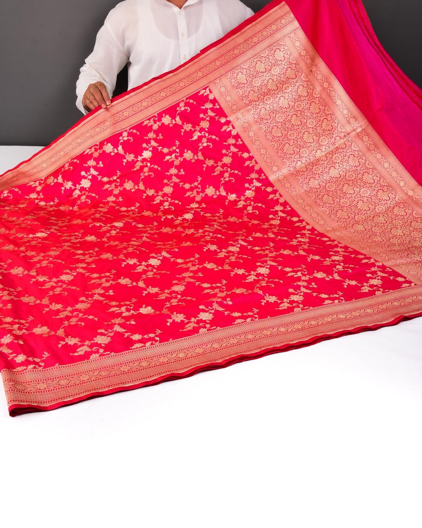Shot Pink-Red Banarasi Alfi Sona Rupa Jaal Cutwork Brocade Handwoven Katan Silk Saree - By HolyWeaves, Benares
