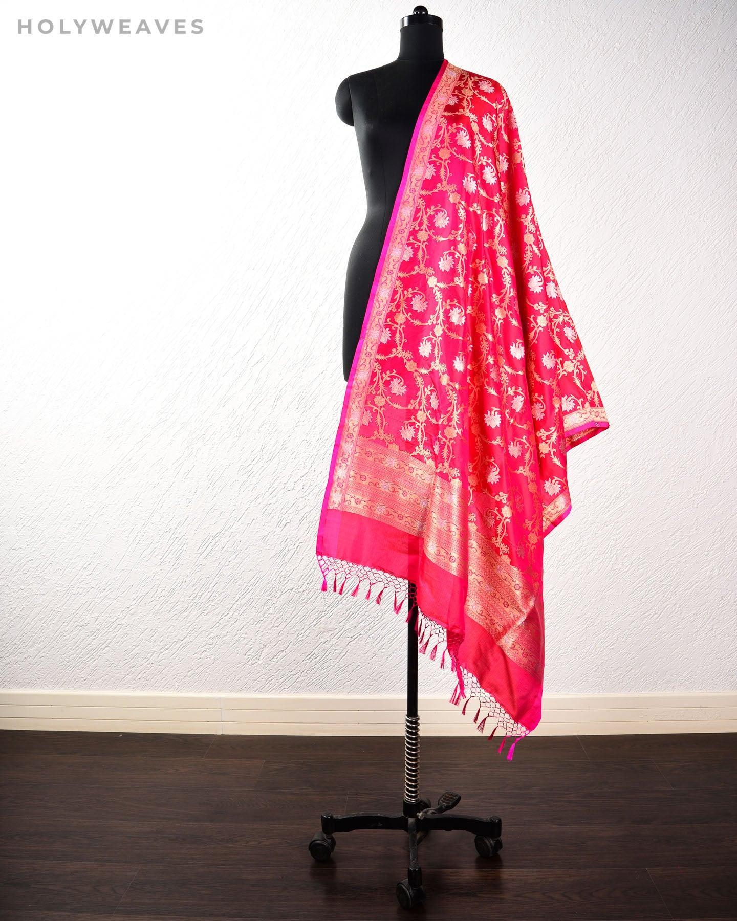 Shot Pink-Red Banarasi Kamal Jaal Alfi Sona Rupa Cutwork Brocade Handwoven Katan Silk Dupatta - By HolyWeaves, Benares