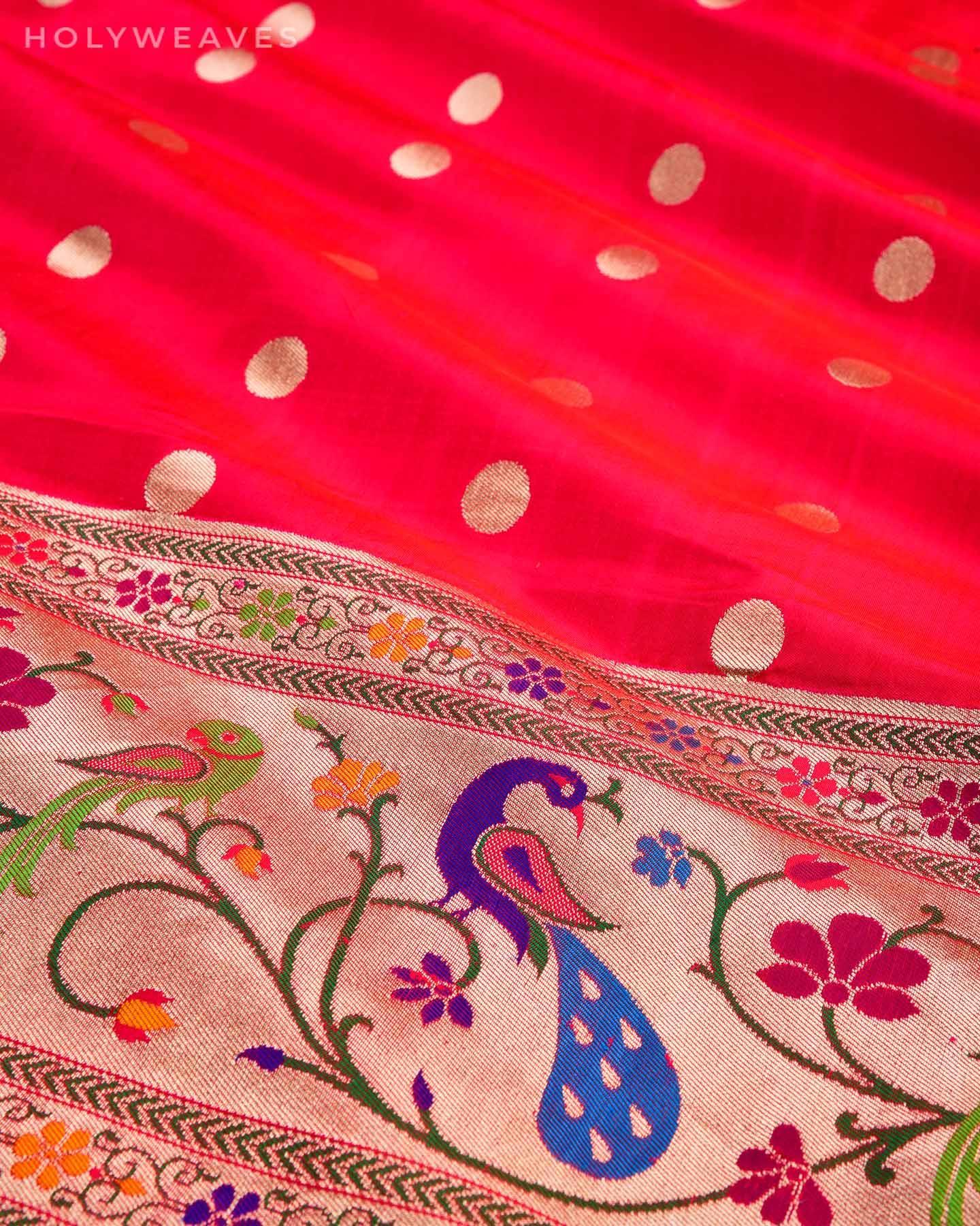 Shot Pink-Red Banarasi Paudi Chauhari Paithani Handwoven Katan Silk Saree - By HolyWeaves, Benares