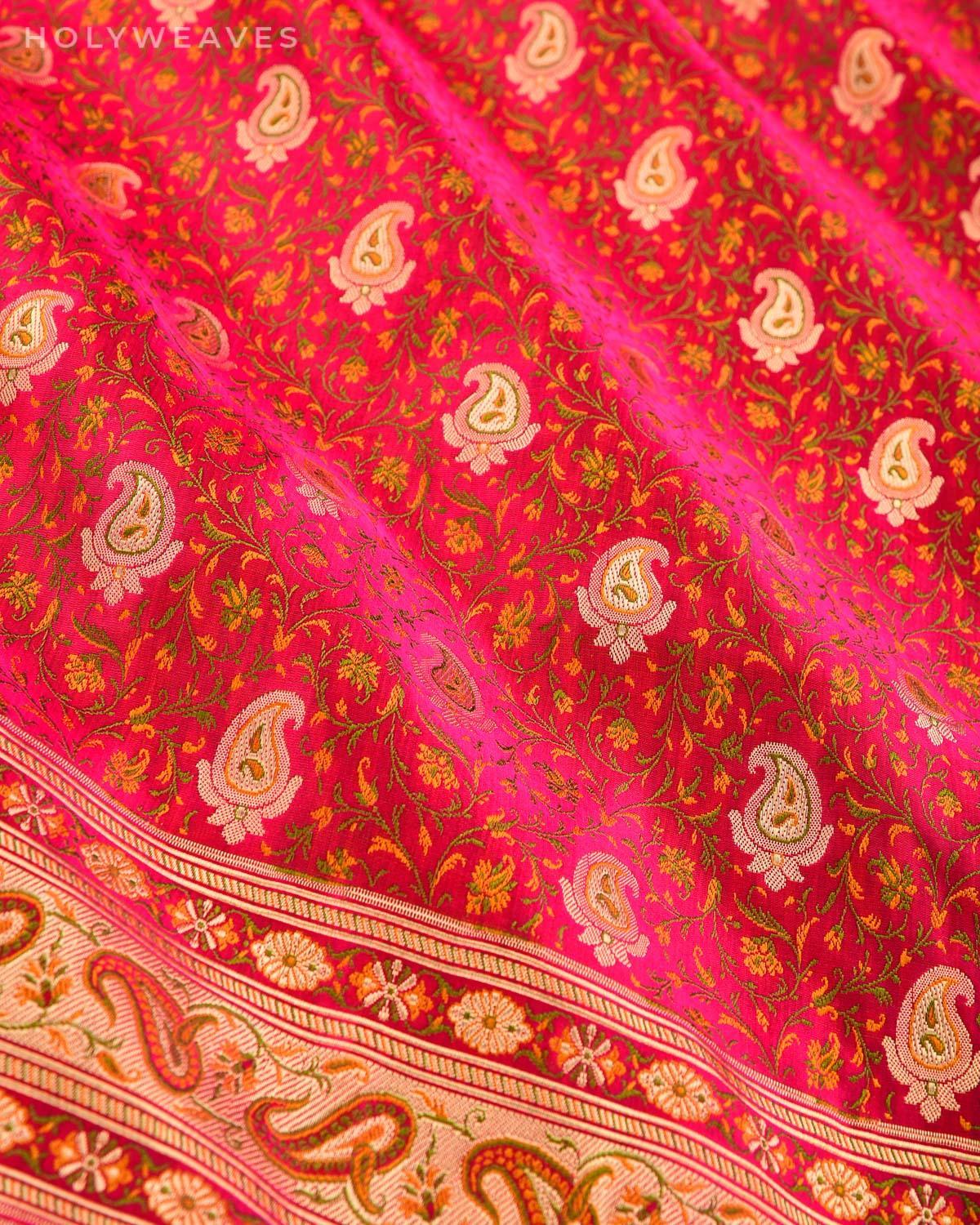 Shot Pink Red Banarasi Tehri Jamawar Brocade Handwoven Katan Silk Saree with Zari Paisley Buti - By HolyWeaves, Benares