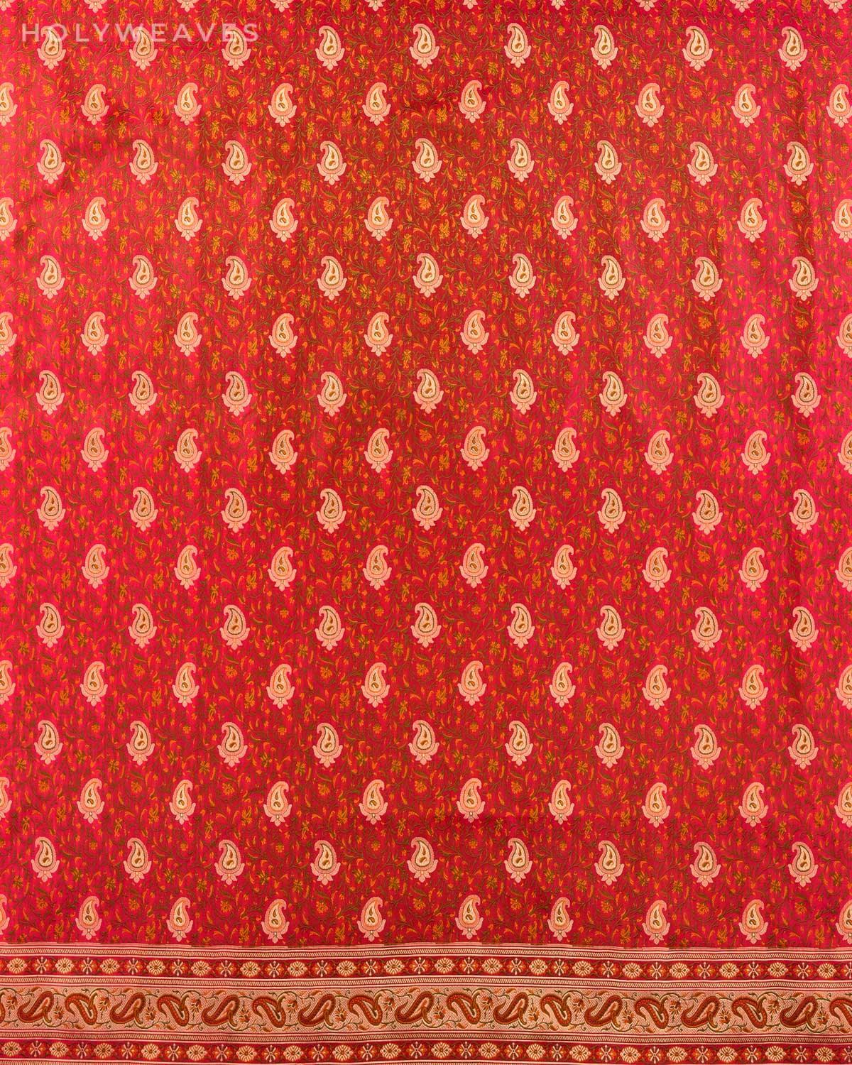 Shot Pink Red Banarasi Tehri Jamawar Brocade Handwoven Katan Silk Saree with Zari Paisley Buti - By HolyWeaves, Benares