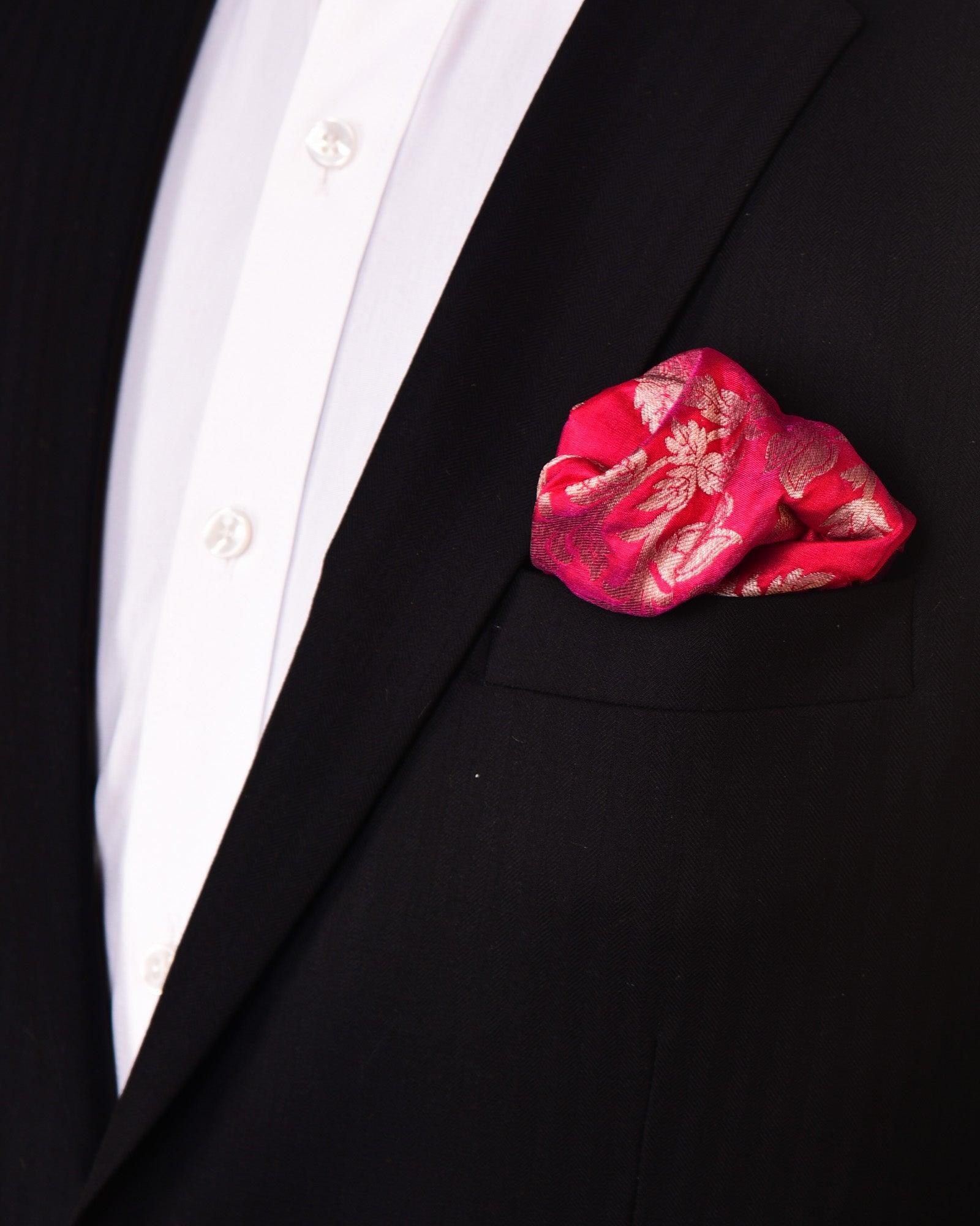Shot Pink Red Zari Brocade Handwoven Pure Silk Pocket Square For Men - By HolyWeaves, Benares