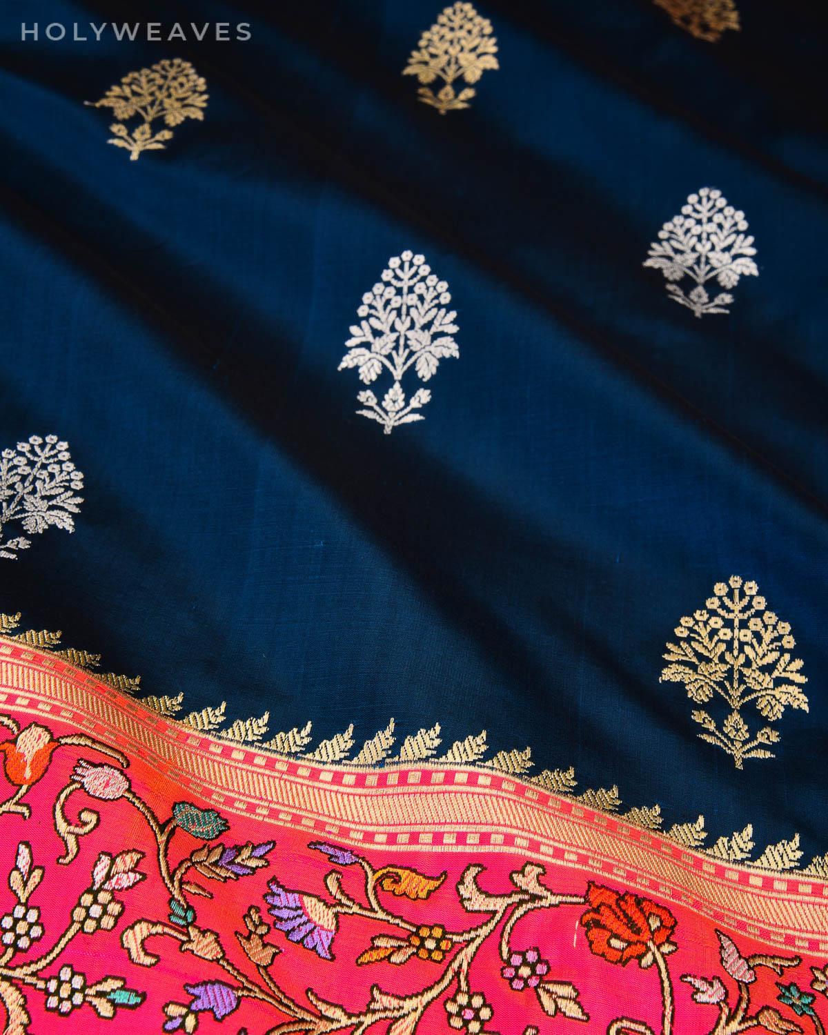 Shot Prussian Blue Banarasi Kadhuan Brocade Handwoven Katan Silk Saree with Tehrra Meena Kadiyal Border - By HolyWeaves, Benares