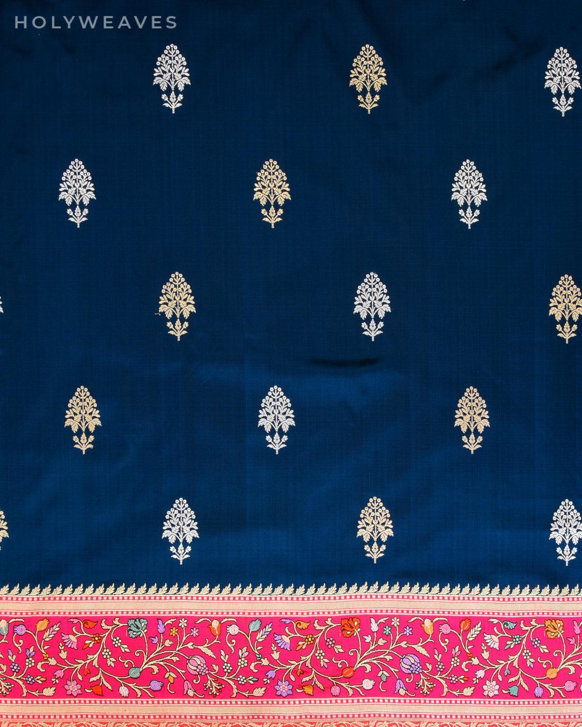 Shot Prussian Blue Banarasi Kadhuan Brocade Handwoven Katan Silk Saree with Tehrra Meena Kadiyal Border - By HolyWeaves, Benares