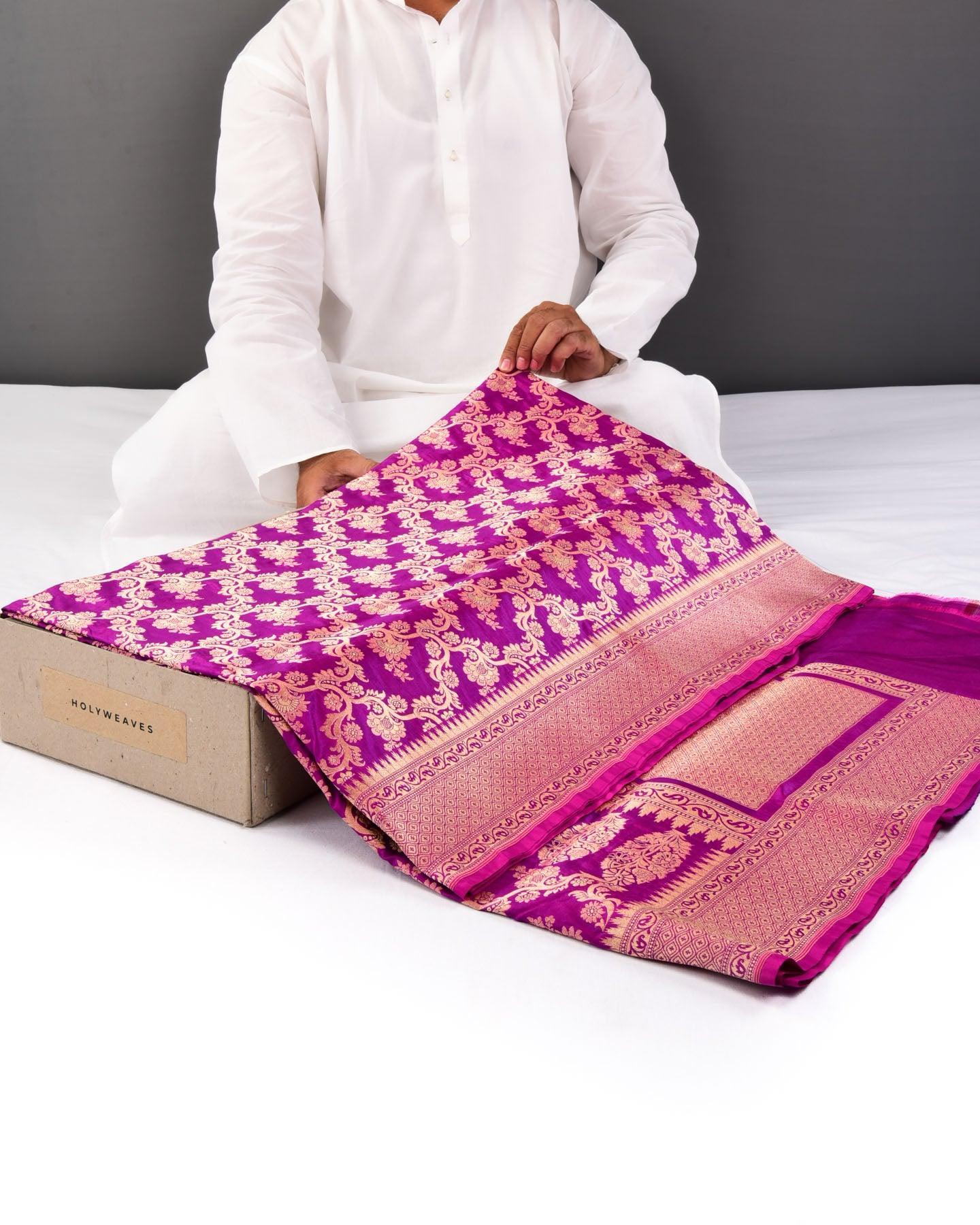 Shot Purple Banarasi Floral Jaal Cutwork Brocade Handwoven Katan Silk Saree - By HolyWeaves, Benares