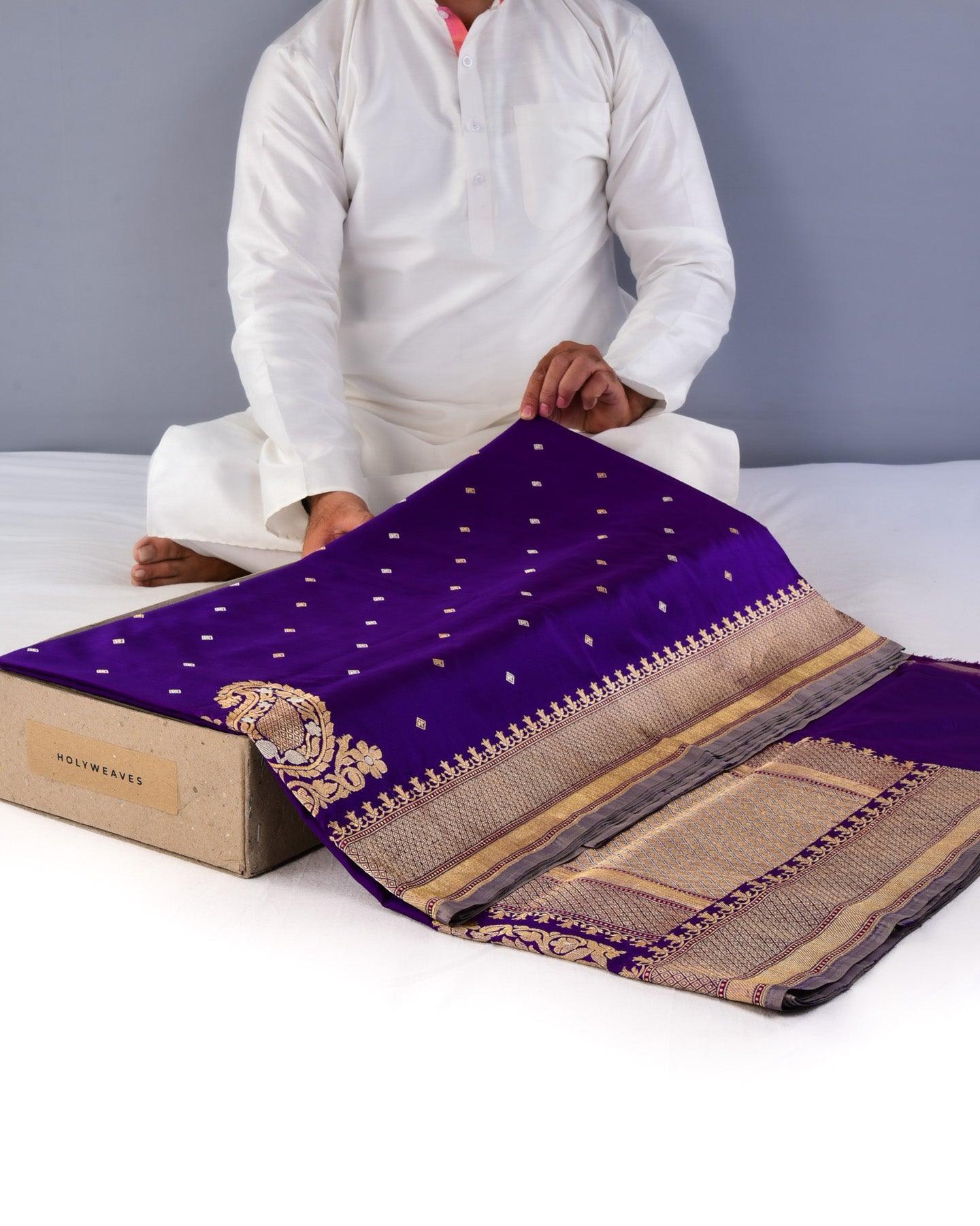 Shot Purple Banarasi Gold & Silver Kadhuan Brocade Handwoven Katan Silk Saree with Koniya Buta - By HolyWeaves, Benares