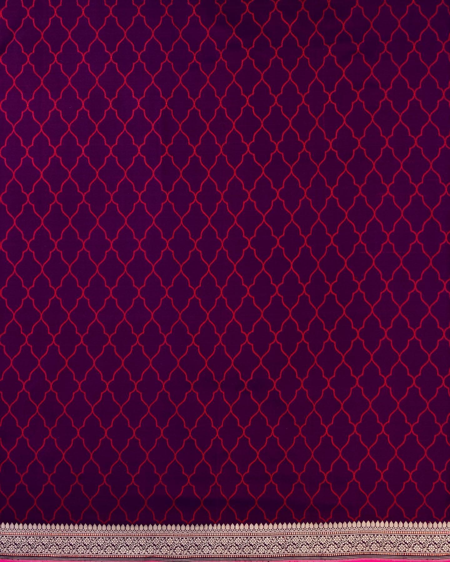 Shot Purple Banarasi Moroccon Grid Tanchoi Brocade Handwoven Katan Silk Saree - By HolyWeaves, Benares