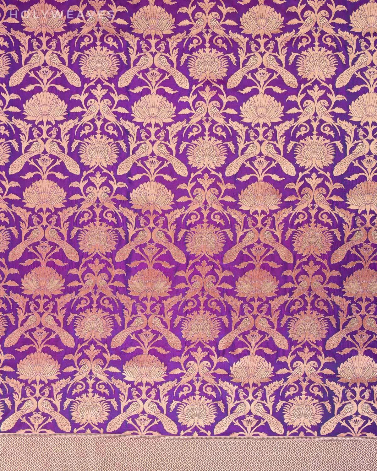 Shot Purple Banarasi Peacock & Parrot Cutwork Brocade Handwoven Katan Silk Saree - By HolyWeaves, Benares