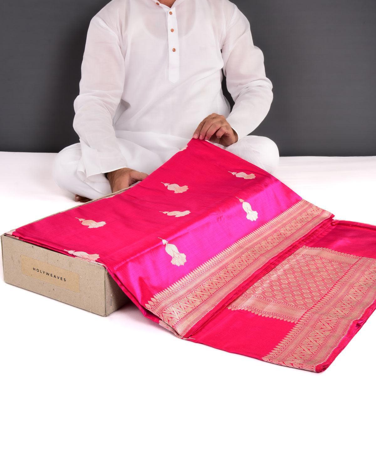 Shot Rani Pink Banarasi Alfi Sona Rupa Buta Kadhuan Brocade Handwoven Katan Silk Saree - By HolyWeaves, Benares