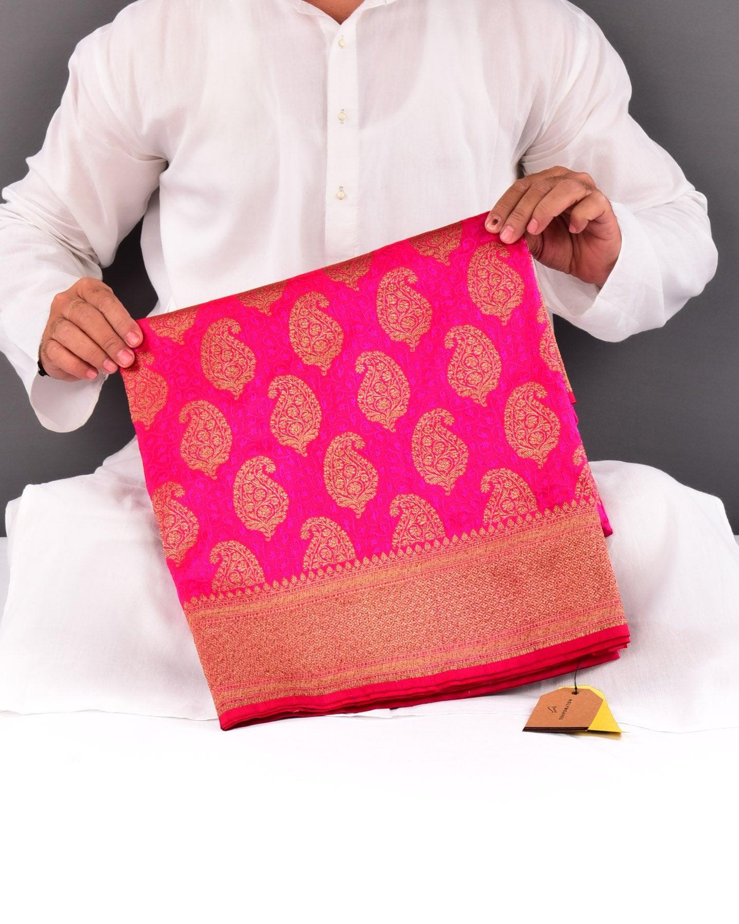 Shot Rani Pink Banarasi Antique Zari Paisley Tanchoi Brocade Handwoven Katan Silk Saree - By HolyWeaves, Benares