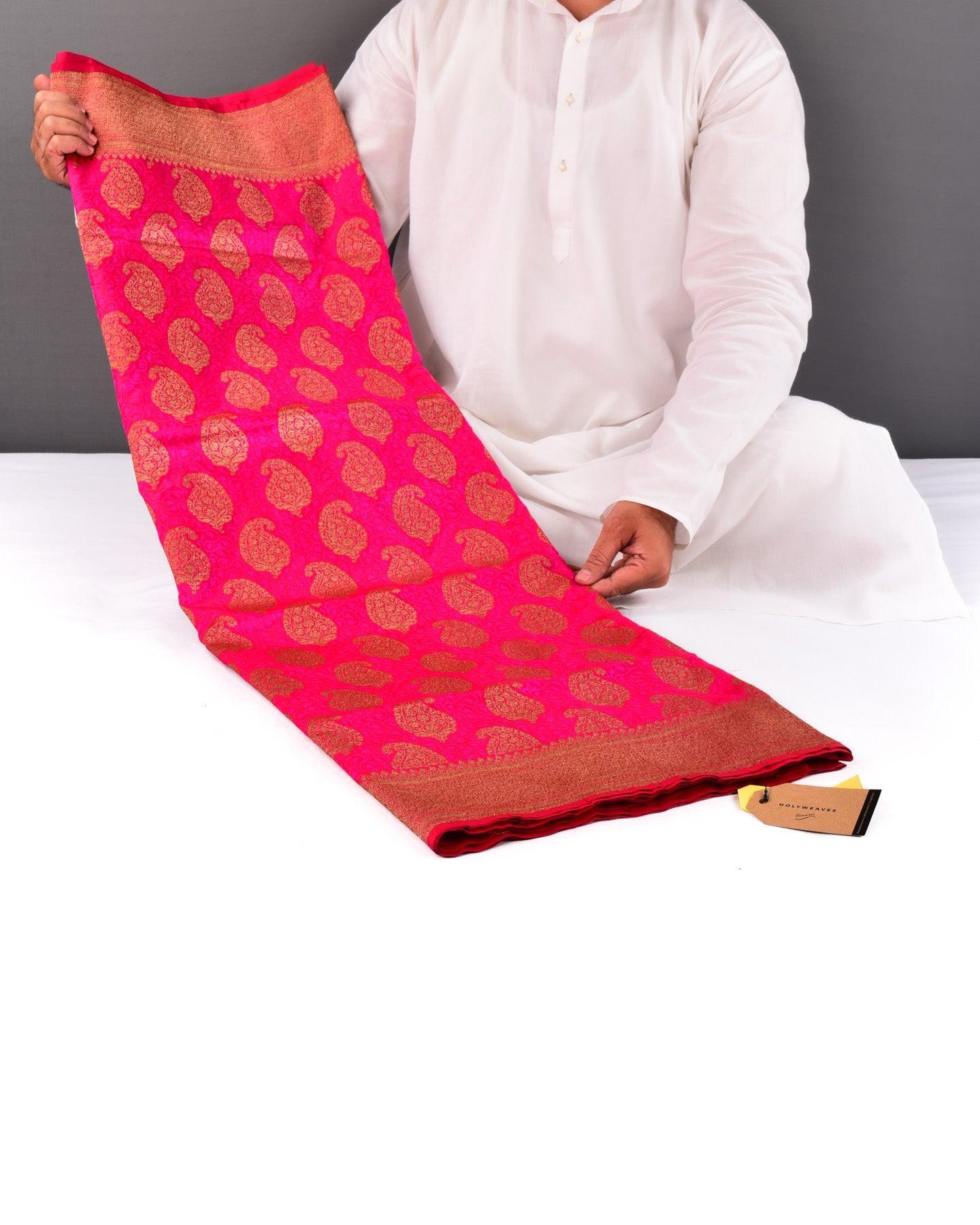 Shot Rani Pink Banarasi Antique Zari Paisley Tanchoi Brocade Handwoven Katan Silk Saree - By HolyWeaves, Benares