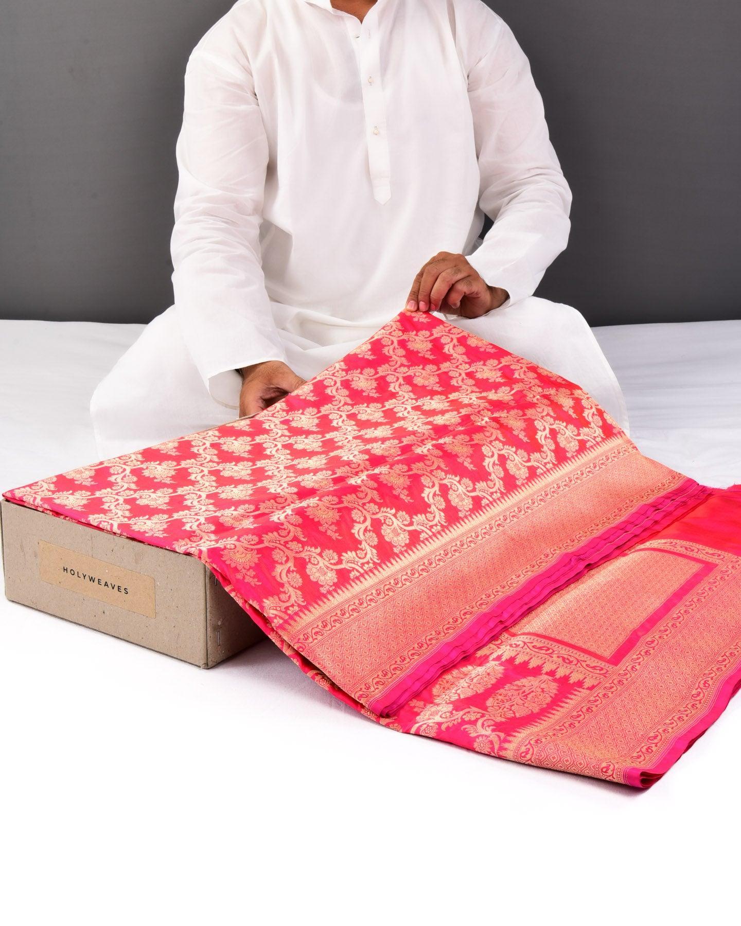 Shot Rani Pink Banarasi Floral Jaal Cutwork Brocade Handwoven Katan Silk Saree - By HolyWeaves, Benares