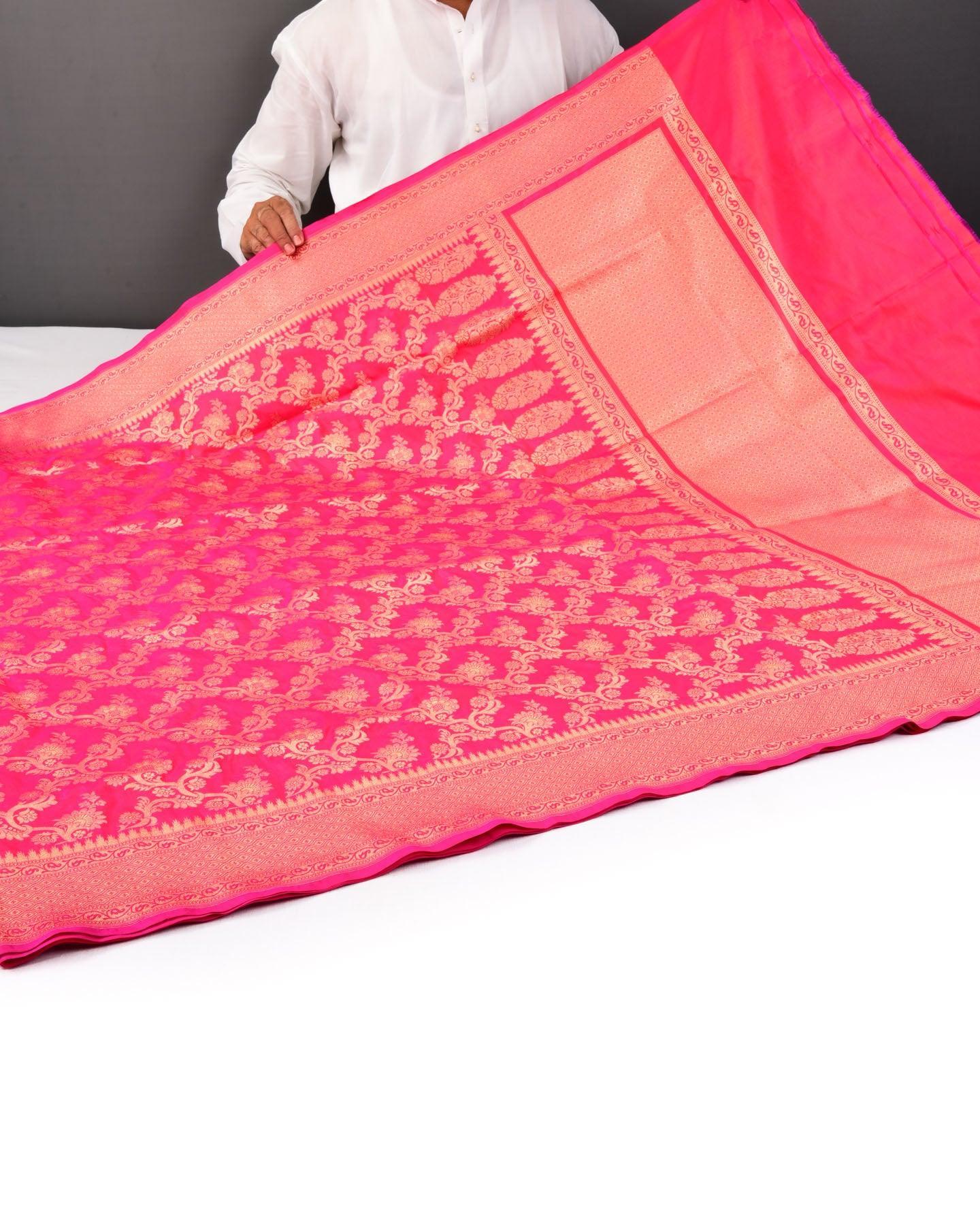 Shot Rani Pink Banarasi Floral Jaal Cutwork Brocade Handwoven Katan Silk Saree - By HolyWeaves, Benares