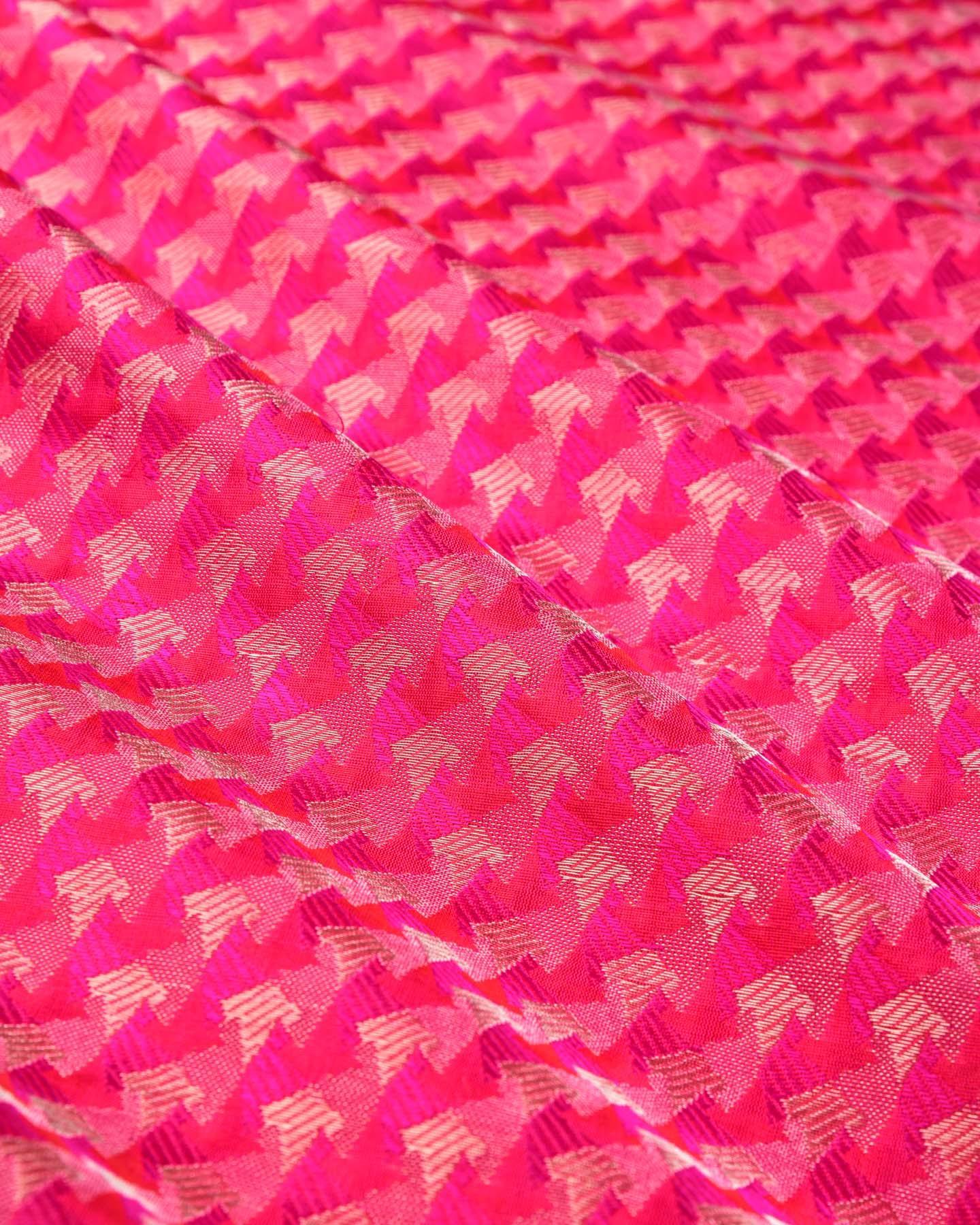 Shot Rani Pink Banarasi Geometric Alfi Sona Rupa Zari Brocade Handwoven Katan Silk Fabric - By HolyWeaves, Benares
