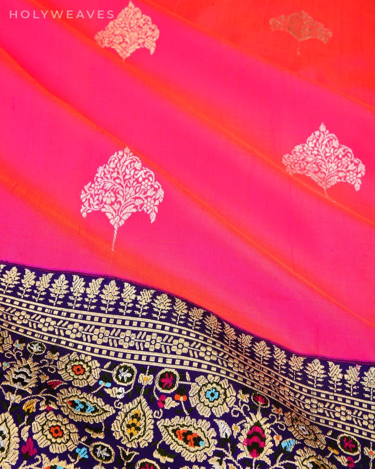 Shot Rani Pink Banarasi Kadhuan Brocade Handwoven Katan Silk Saree with Chauhara Mennedar Border Pallu - By HolyWeaves, Benares
