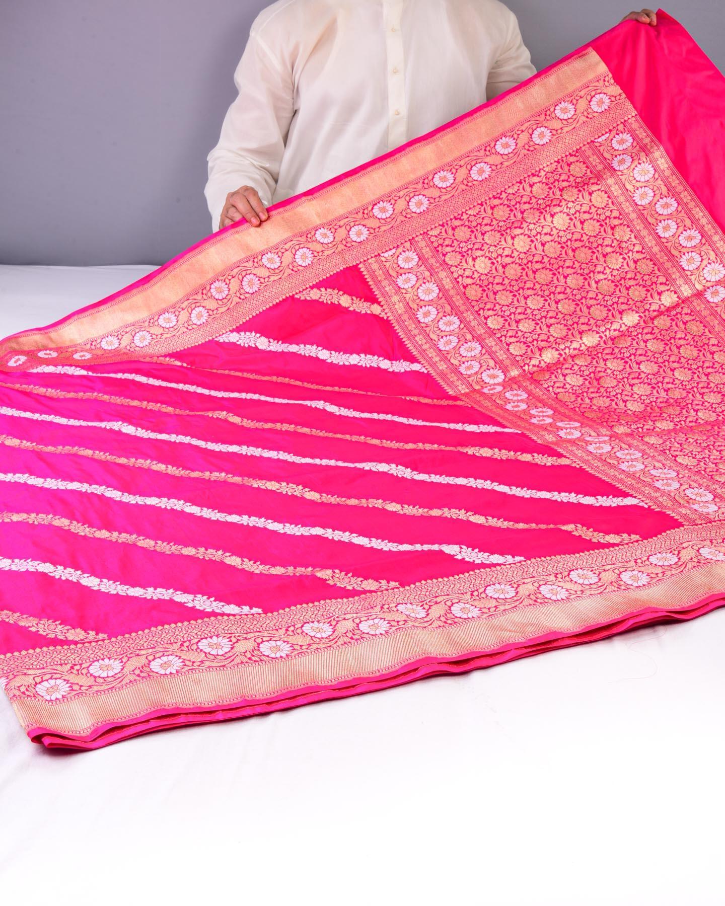 Shot Rani Pink Banarasi Leheriya Alfi Sona Rupa Kadhuan Brocade Handwoven Katan Silk Saree - By HolyWeaves, Benares
