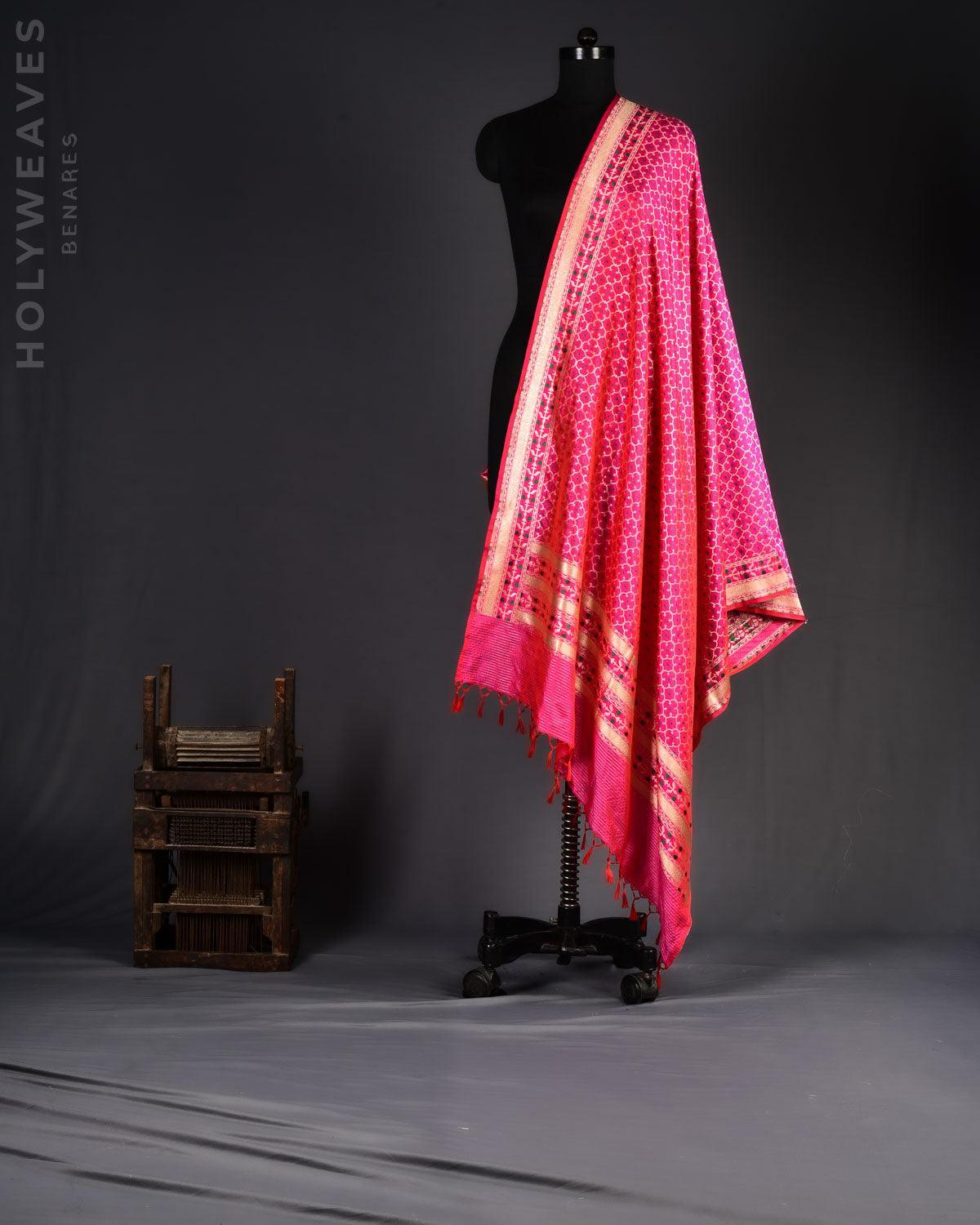 Shot Rani Pink Banarasi Moroccon Grids Gold Zari Cutwork Brocade Handwoven Katan Silk Dupatta - By HolyWeaves, Benares