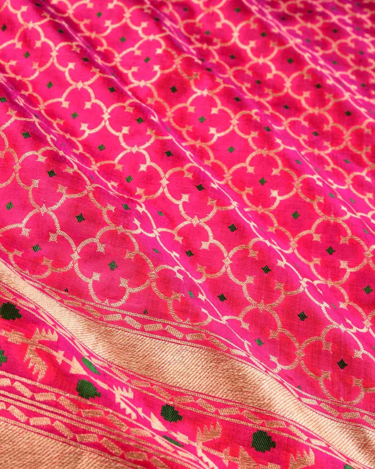 Shot Rani Pink Banarasi Moroccon Grids Gold Zari Cutwork Brocade Handwoven Katan Silk Dupatta - By HolyWeaves, Benares