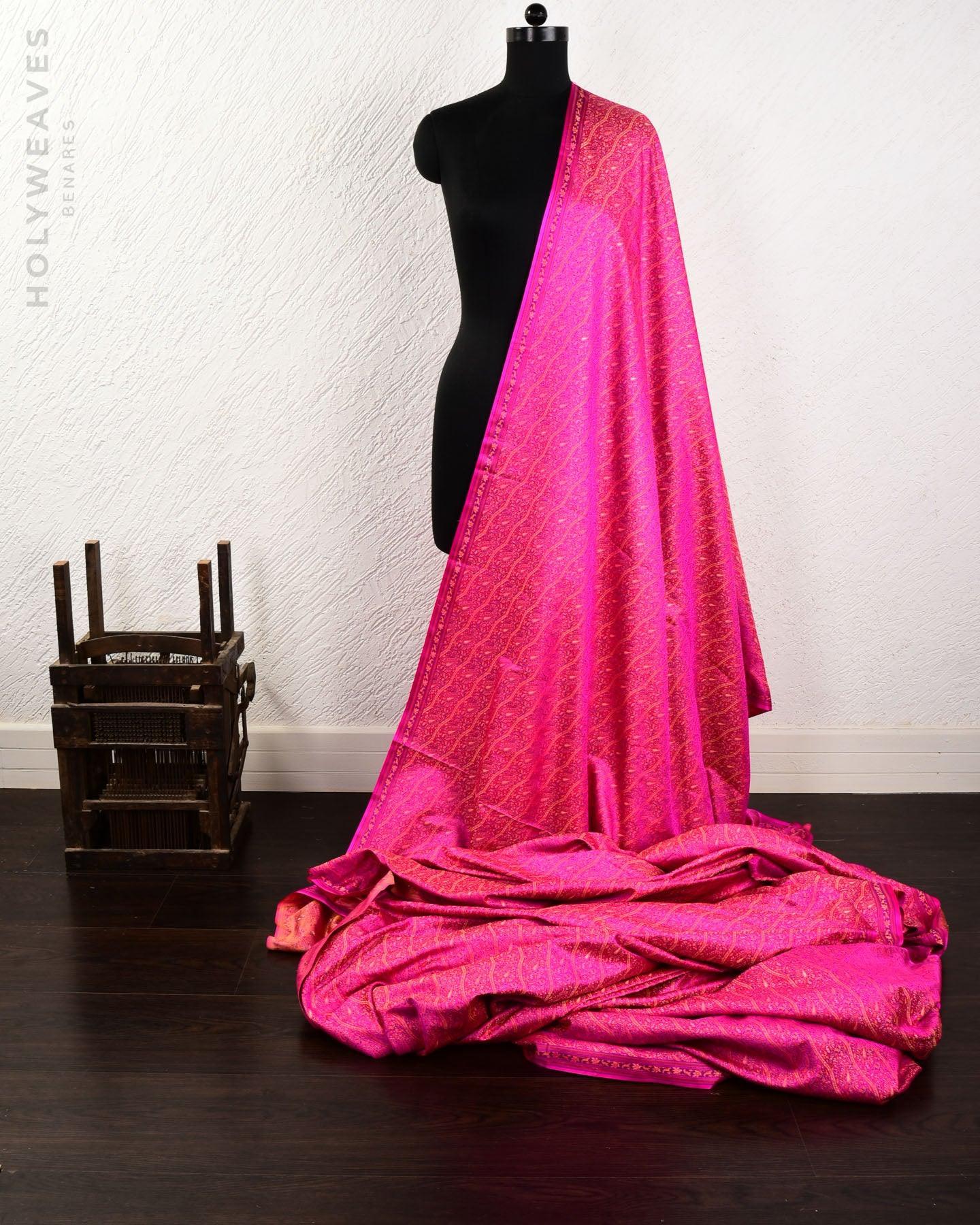 Shot Rani Pink Banarasi Tehra Jamawar Brocade Handwoven Katan Silk Fabric with Zari Accents - By HolyWeaves, Benares