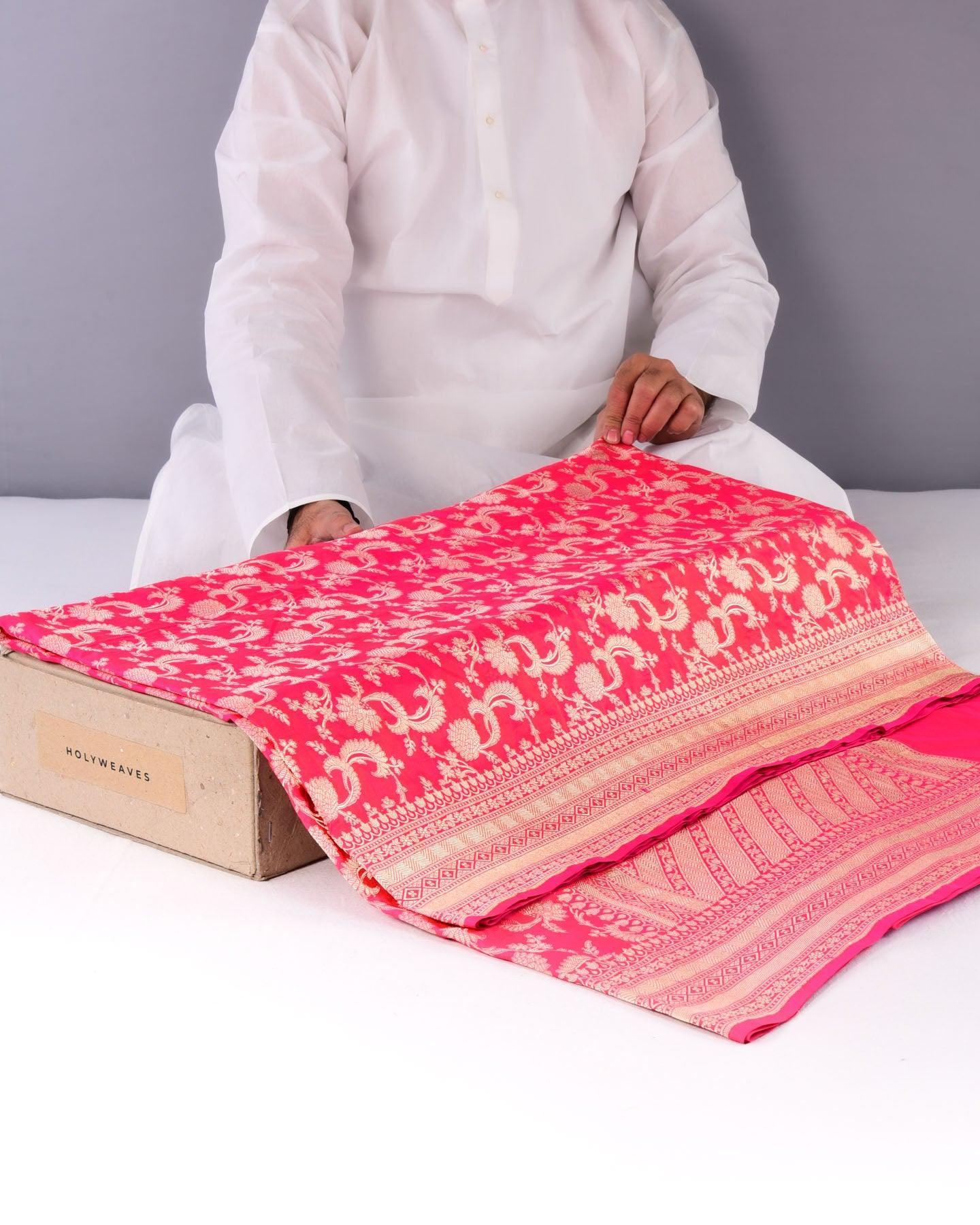 Shot Rani Pink Banarasi Zari Jaal Cutwork Brocade Handwoven Katan Silk Saree - By HolyWeaves, Benares
