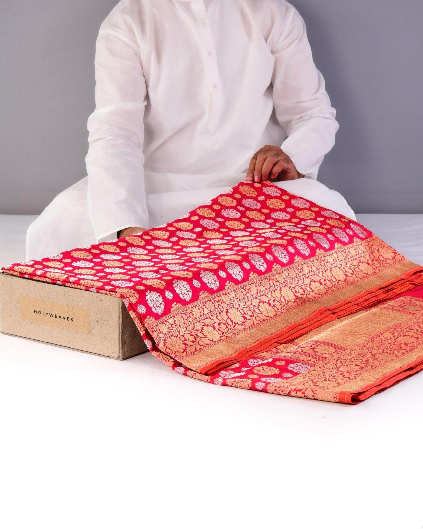 Shot Red Banarasi Buti Alfi Sona-Rupa Cutwork Brocade Handwoven Katan Silk Saree - By HolyWeaves, Benares