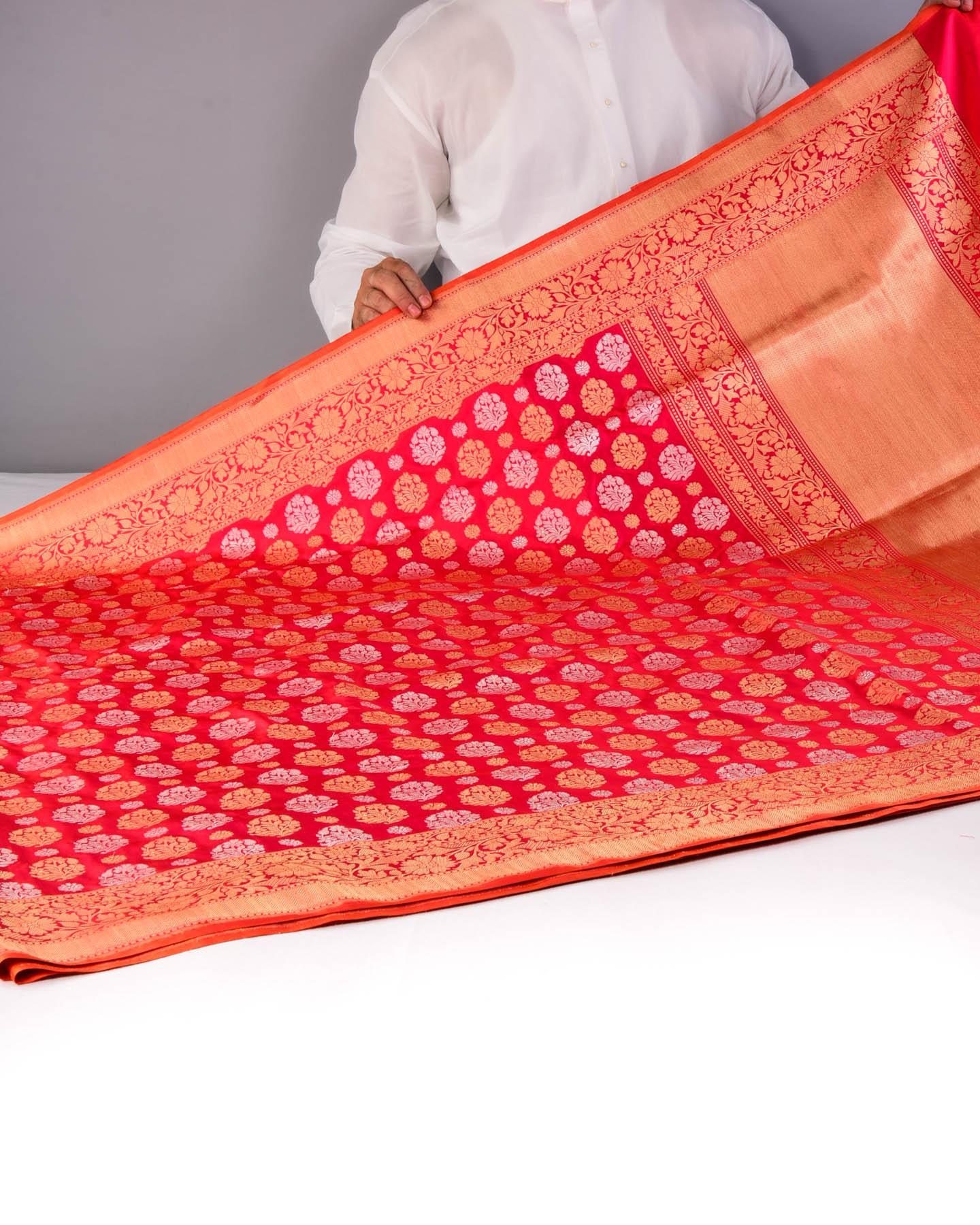 Shot Red Banarasi Buti Alfi Sona-Rupa Cutwork Brocade Handwoven Katan Silk Saree - By HolyWeaves, Benares