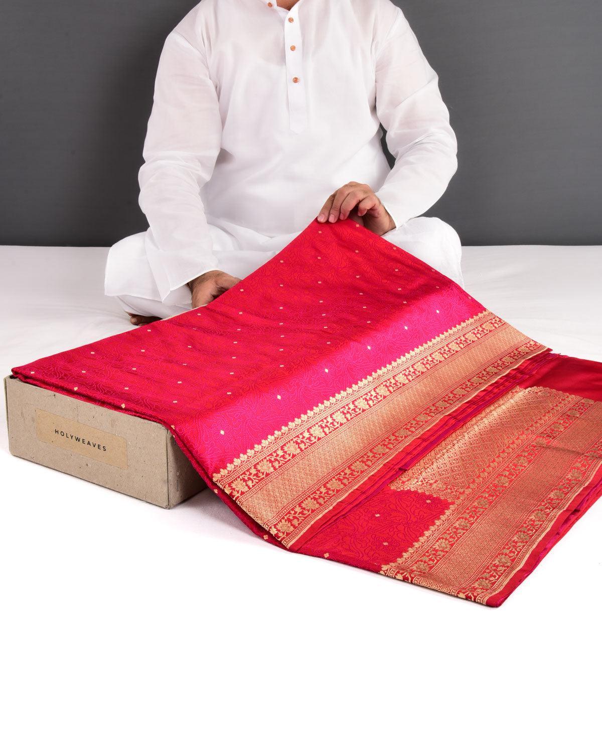 Shot Red Banarasi Dotted Satin Tanchoi Brocade Handwoven Katan Silk Saree - By HolyWeaves, Benares