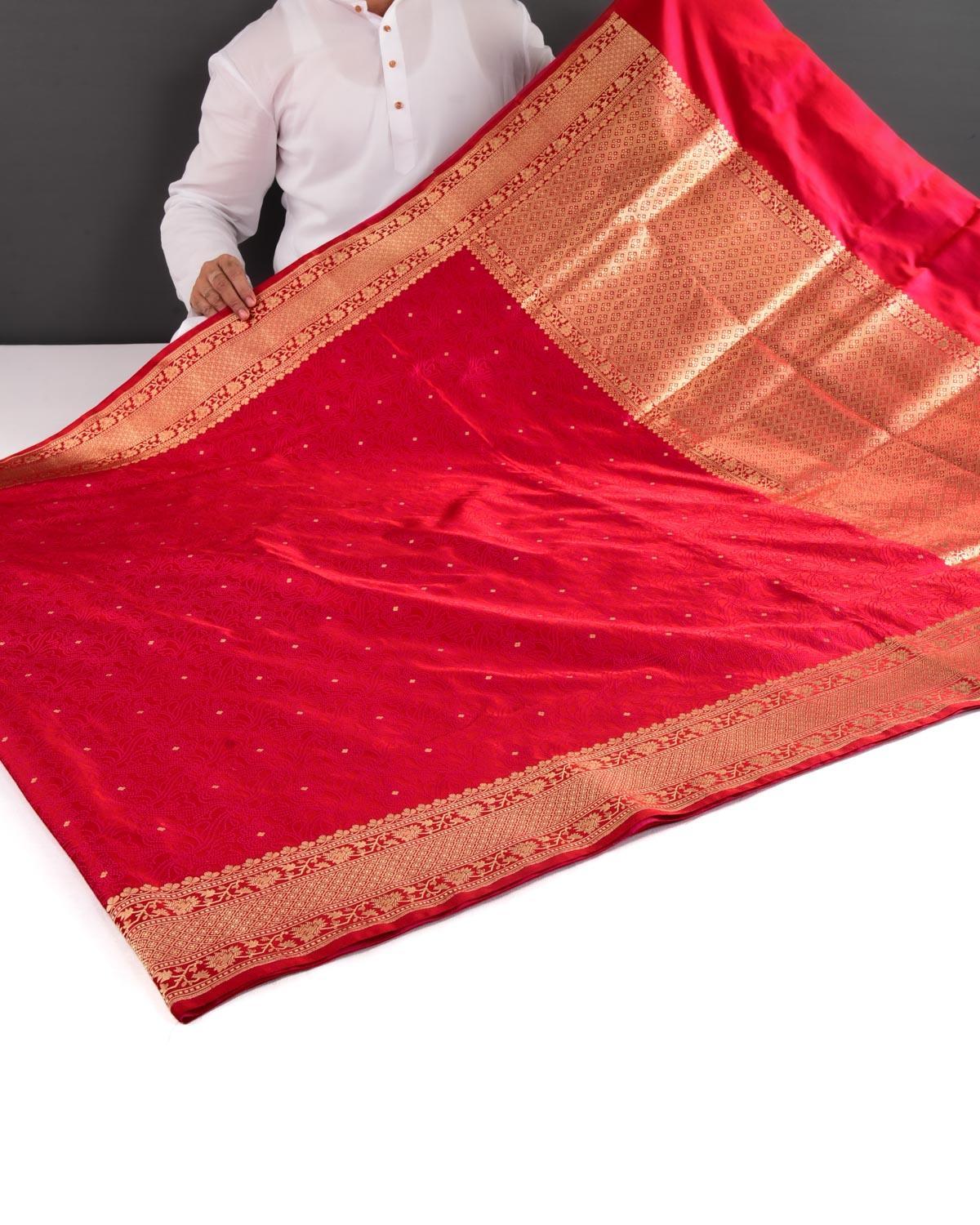 Shot Red Banarasi Dotted Satin Tanchoi Brocade Handwoven Katan Silk Saree - By HolyWeaves, Benares