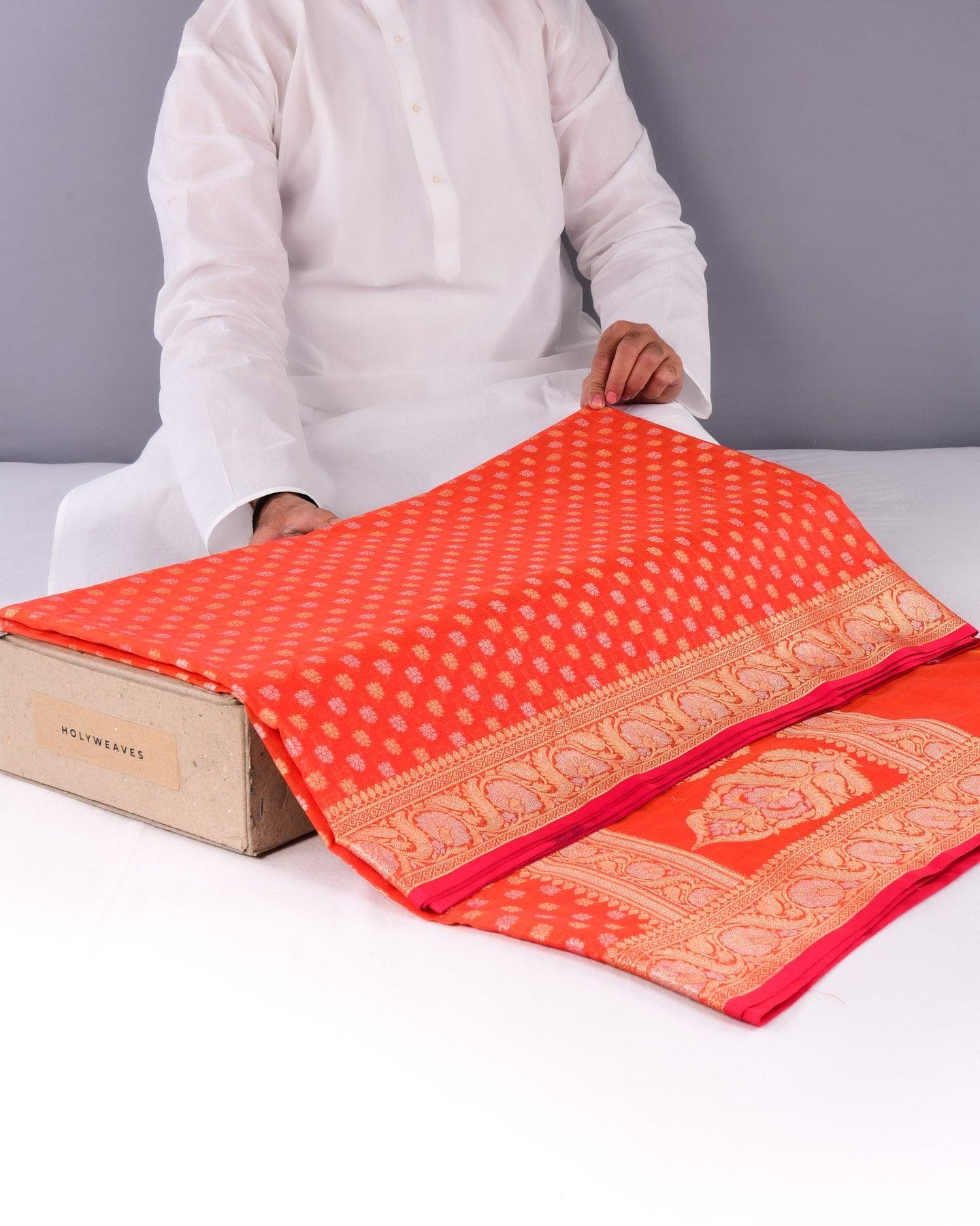 Shot Red Banarasi Gold & Silver Buti Cutwork Brocade Woven Cotton Silk Saree - By HolyWeaves, Benares
