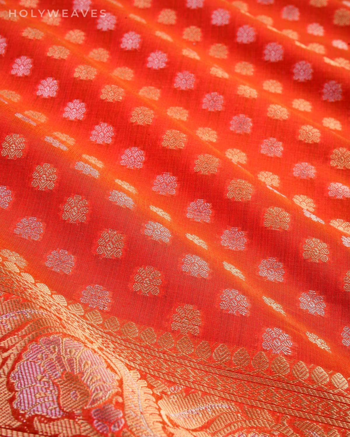 Shot Red Banarasi Gold & Silver Buti Cutwork Brocade Woven Cotton Silk Saree - By HolyWeaves, Benares
