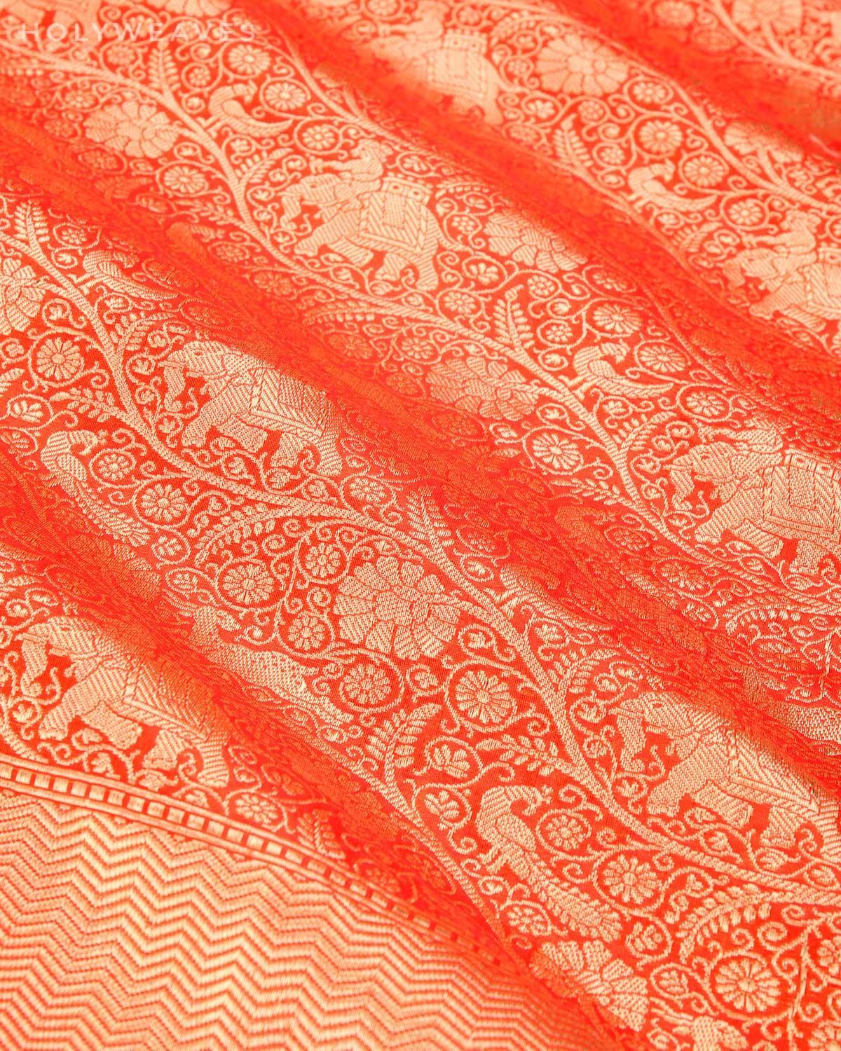 Shot Red Orange Banarasi Shikargah Brocade Handwoven Katan Silk Dupatta - By HolyWeaves, Benares
